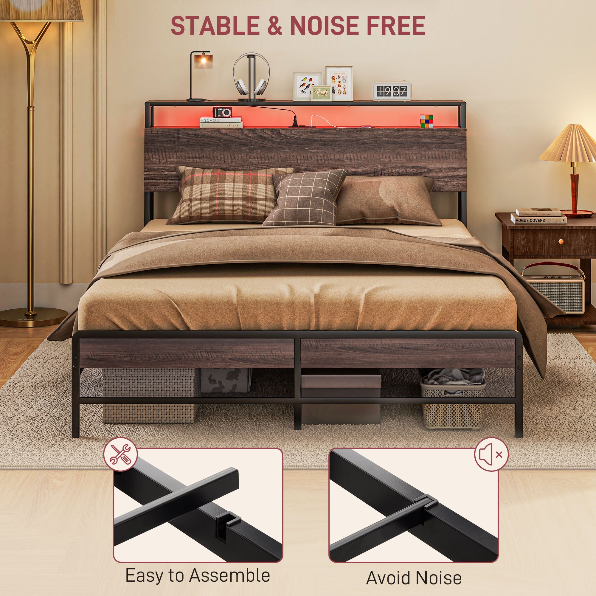 Queen Size Bed Frame w/ LED Lights,Charging Station & Storage Headboard, Noise Free, Walnut