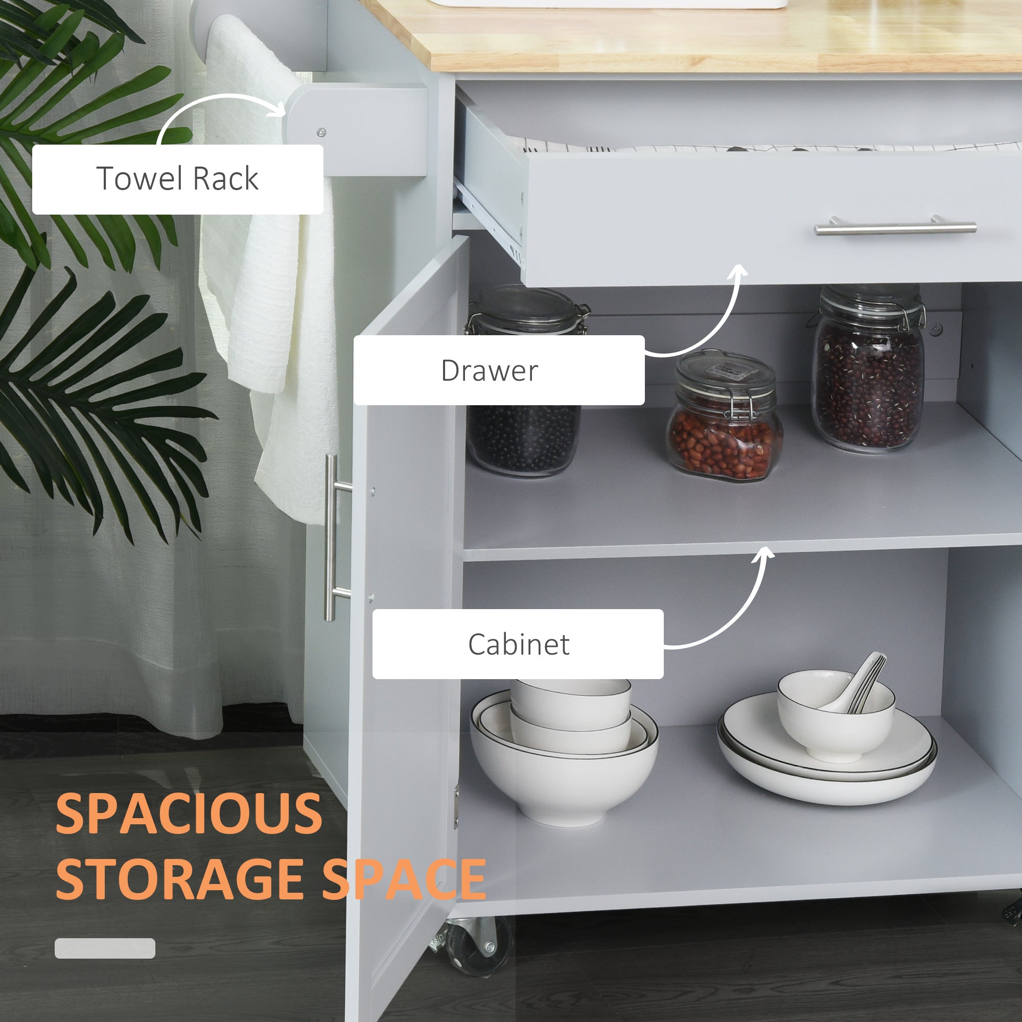 Kitchen Island Cart Rolling Trolley with Drawer Storage Cabinet & Towel Rack Gray - HOMCOM
