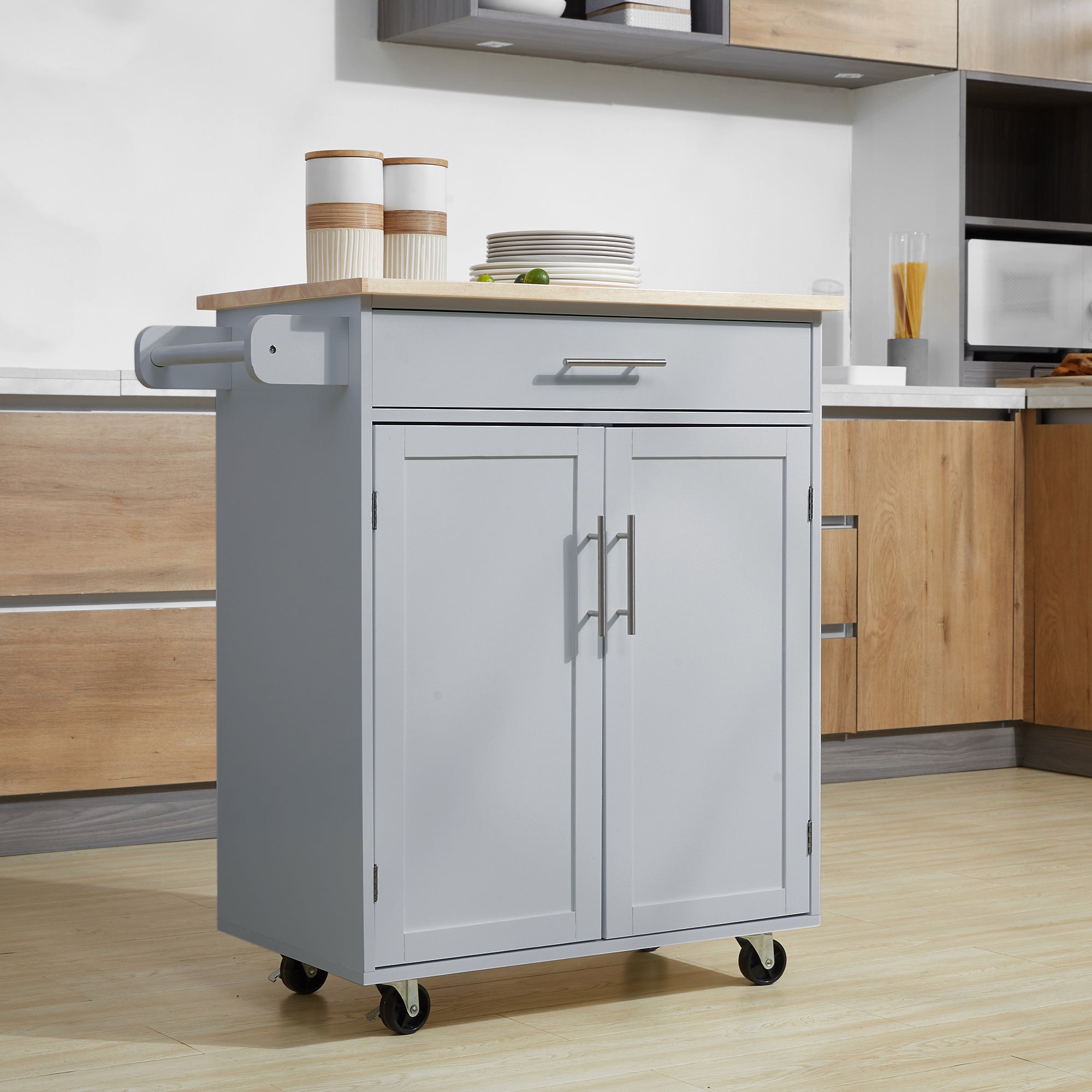 Kitchen Island Cart Rolling Trolley with Drawer Storage Cabinet & Towel Rack Gray - HOMCOM