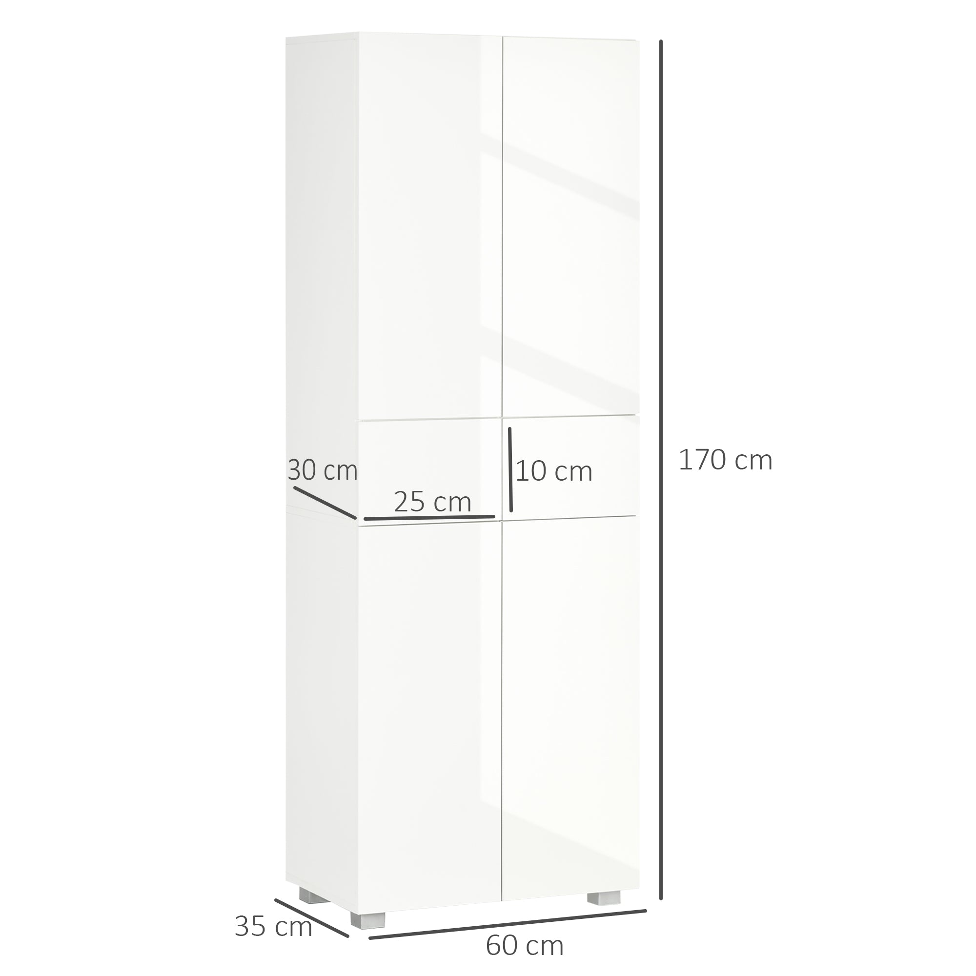 4-Door Kitchen Cupboard, Tall Freestanding 5-Tier Storage Cabinet with 3 Adjustable Shelves, 2 Drawers for Living Room, Dining Room, Push to Open Design, High Gloss White