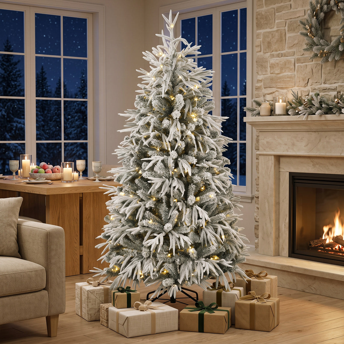 6ft Prelit Flocked Christmas Tree, Artificial Norfolk Pine Downswept Hinged Xmas Tree with 250 Warm White LED Lights, 8 Modes, 553 Tips, Steel Stand, Green and White