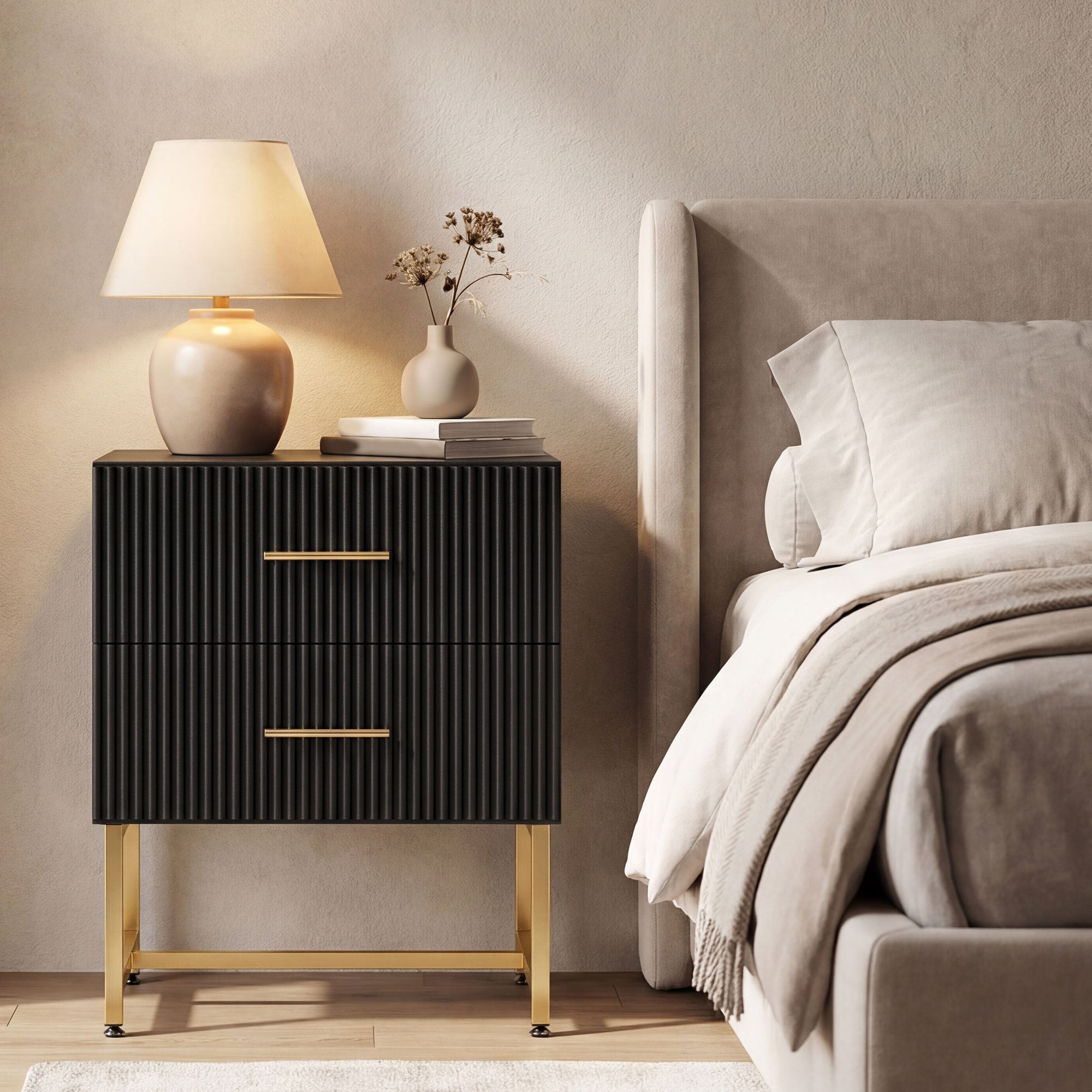 Modern Nightstands Set of 2, Bedside Tables with 2 Drawers and Fluted Panels, End Tables with Storage and Gold Legs for Bedroom, Black