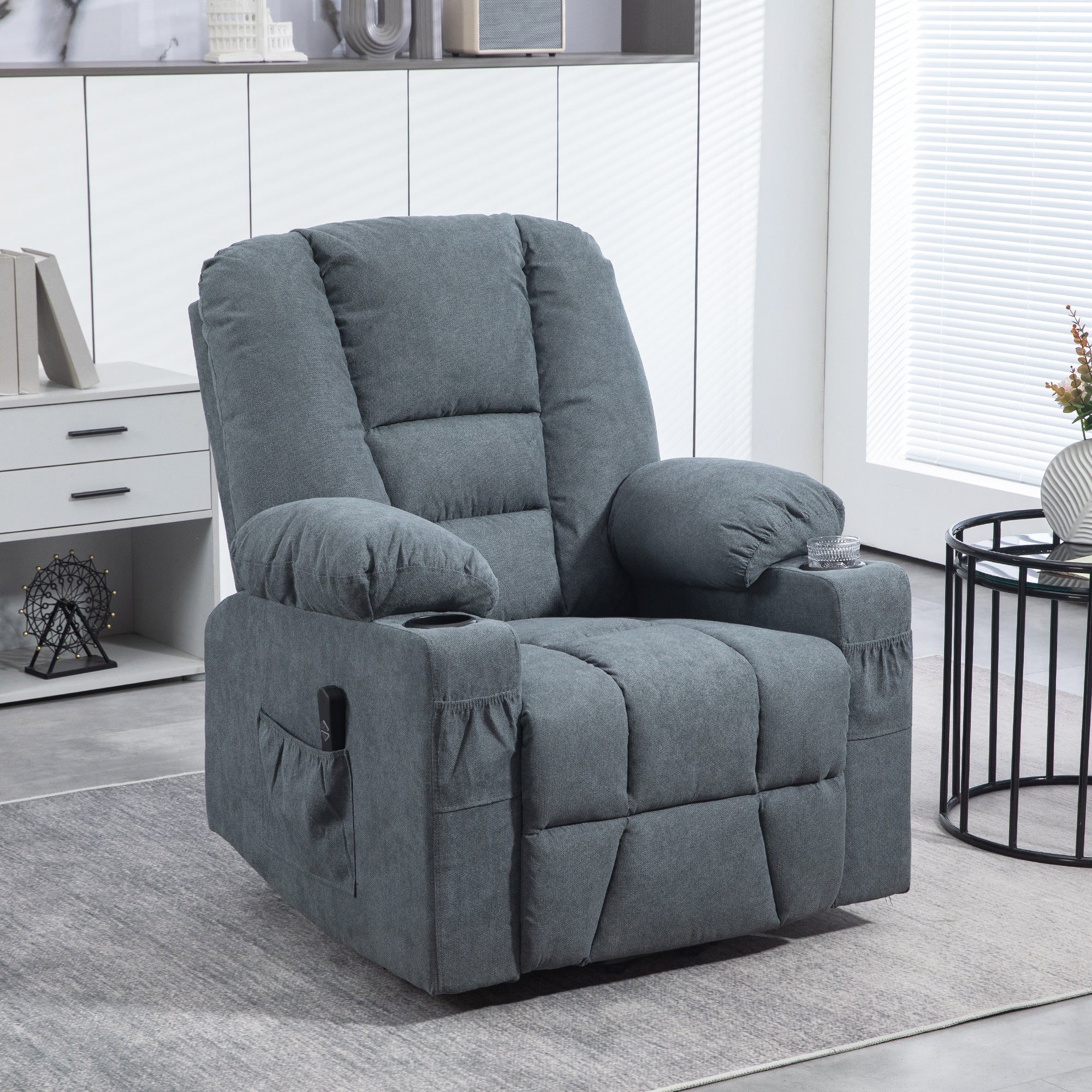 HOMCOM Oversized Riser and Recliner Chairs for the Elderly, Fabric Upholstered Lift Chair for Living Room with Remote Control, Side Pockets, Cup Holder, Grey