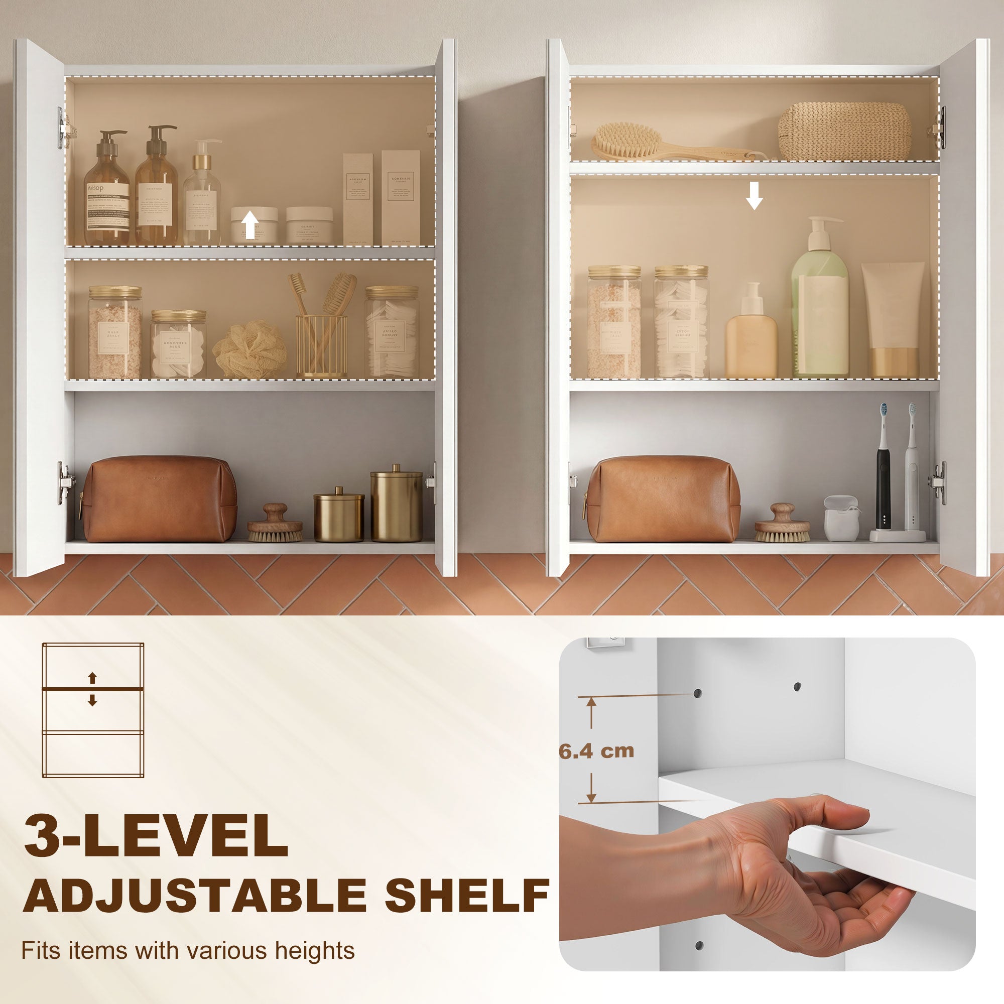 Bathroom Mirror Cabinet, 3-Tier Wall Mount Bathroom Storage Cabinet with Soft-Close Hinges and Adjustable Shelf, Double Door Cupboard, 60W x 15D x 75H cm, White