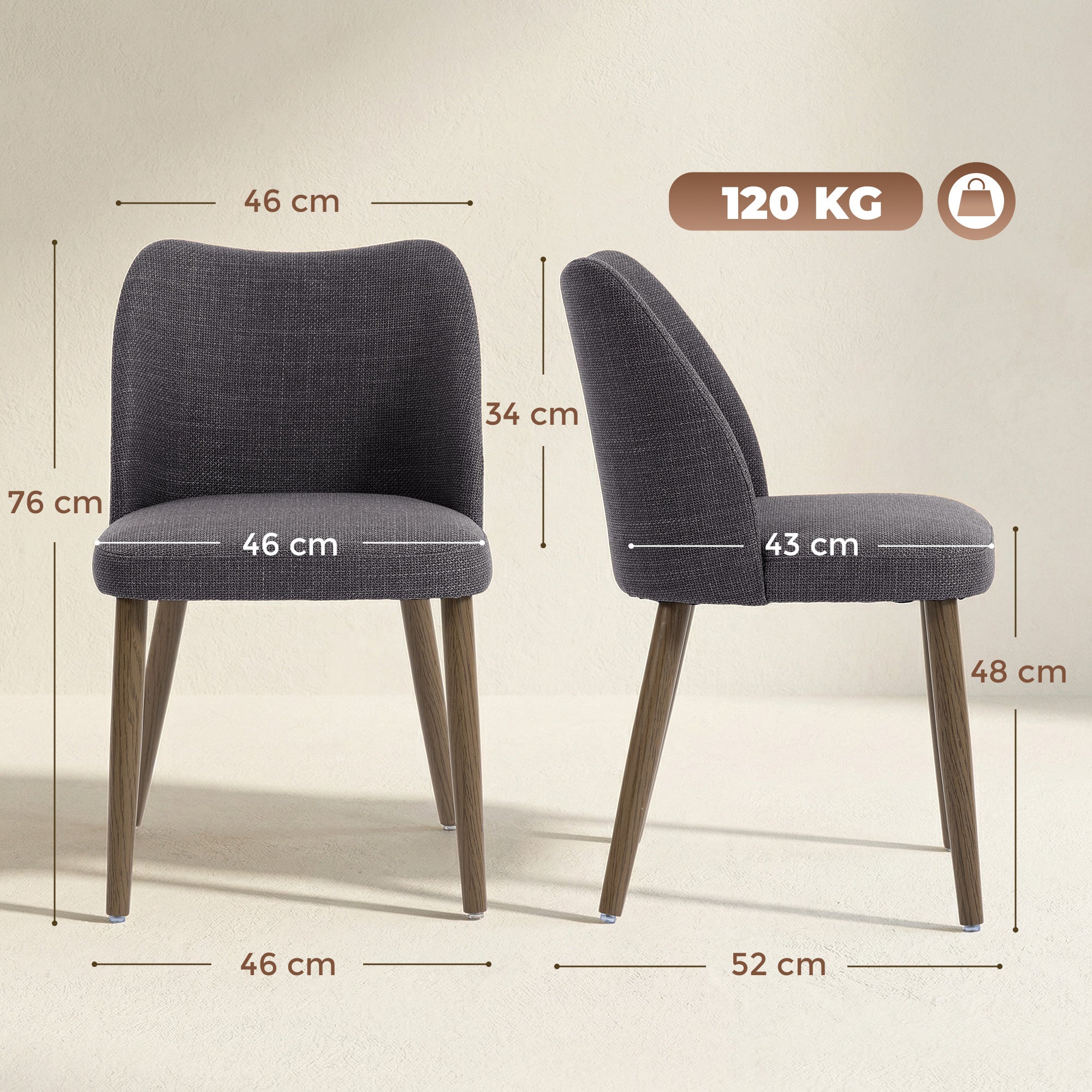 Dining Chairs Set of 2, Modern Linen Upholstered Kitchen Chairs with Padded Seat, Curved Backrest, Rubberwood Legs for Dining Room, Bedroom, Living Room, Easy Assembly, Dark Grey