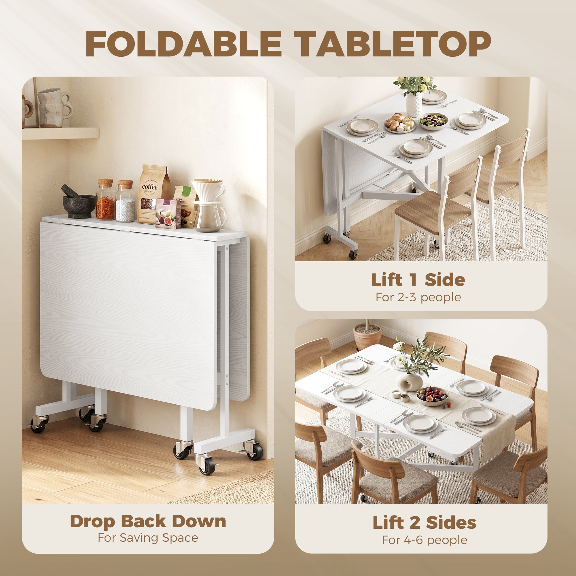 Mobile Drop Leaf Table, Folding Dining Table with 6 Wheels & Brakes, Rolling Kitchen Table for Small Spaces, 47.2", White