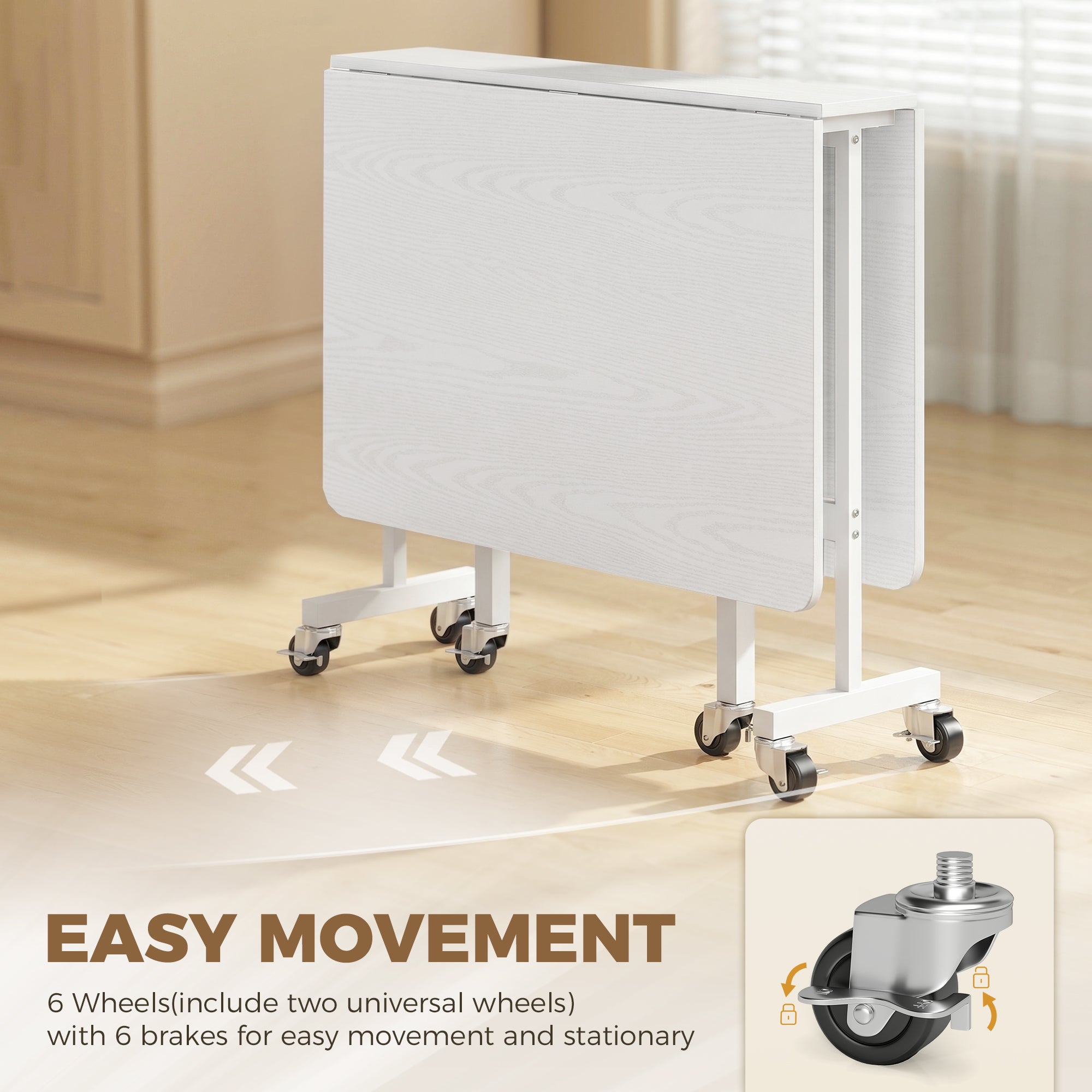 Mobile Drop Leaf Table, Folding Dining Table with 6 Wheels & Brakes, Rolling Kitchen Table for Small Spaces, 47.2", White