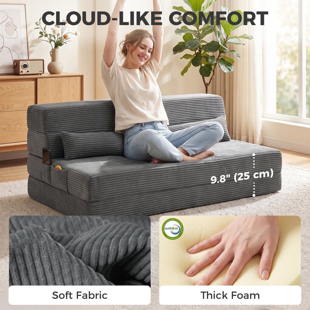 54" Folding Sofa Bed, Boneless Cloud Corduroy Sleeper Floor Chair, Floor Sofa with Back Support, Thick Cushion, Lumbar Pillow, Side Pockets for Living Room, Dark Grey