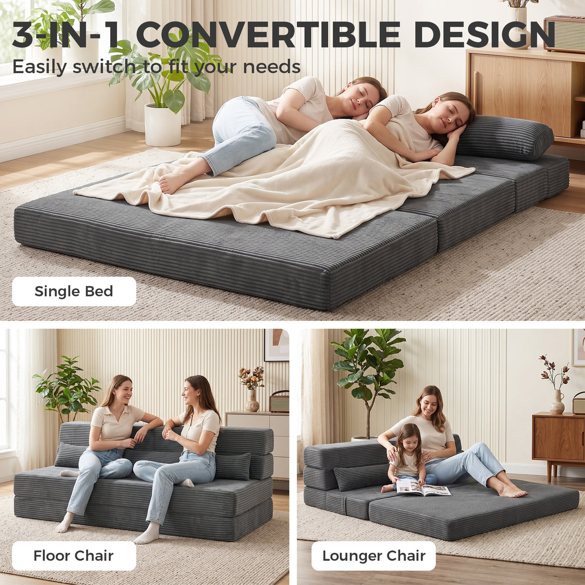 54" Folding Sofa Bed, Boneless Cloud Corduroy Sleeper Floor Chair, Floor Sofa with Back Support, Thick Cushion, Lumbar Pillow, Side Pockets for Living Room, Dark Grey