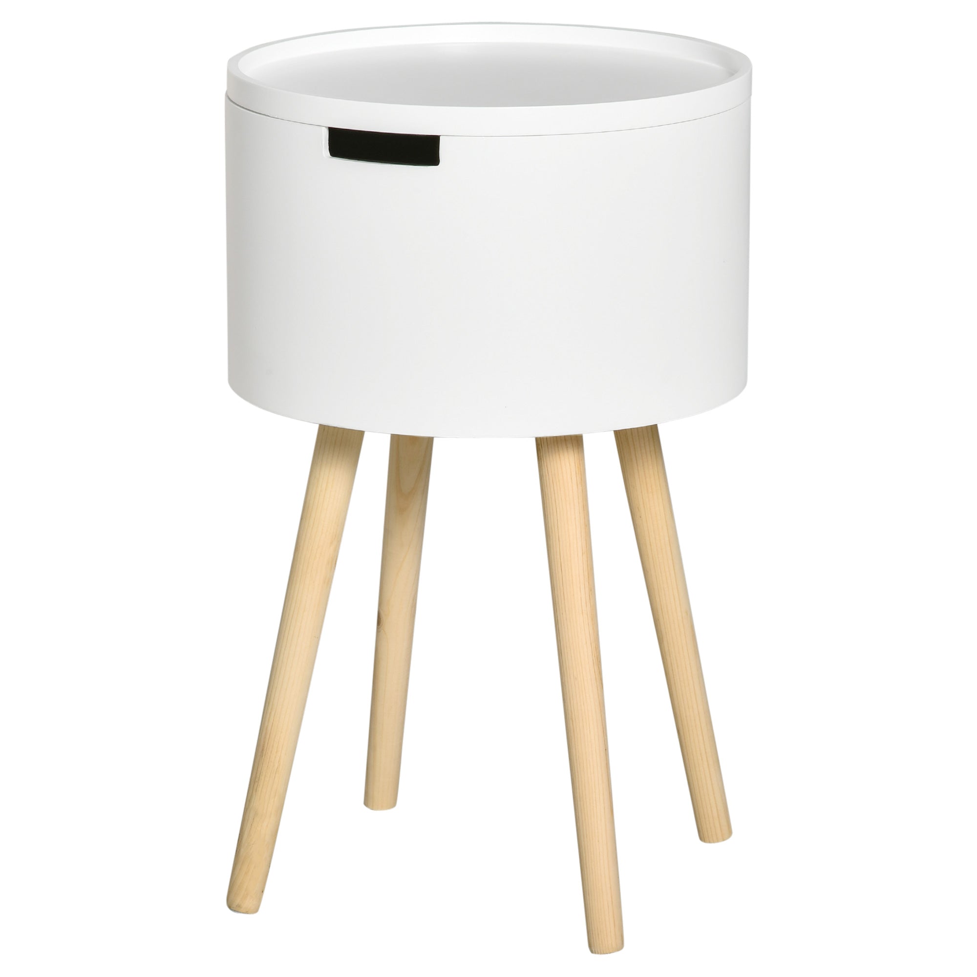 HOMCOM Modern Side Table with Hidden Storage Space, Round Night Stand with Removable Tray Wood Frame End Coffee Table for Living Room, White