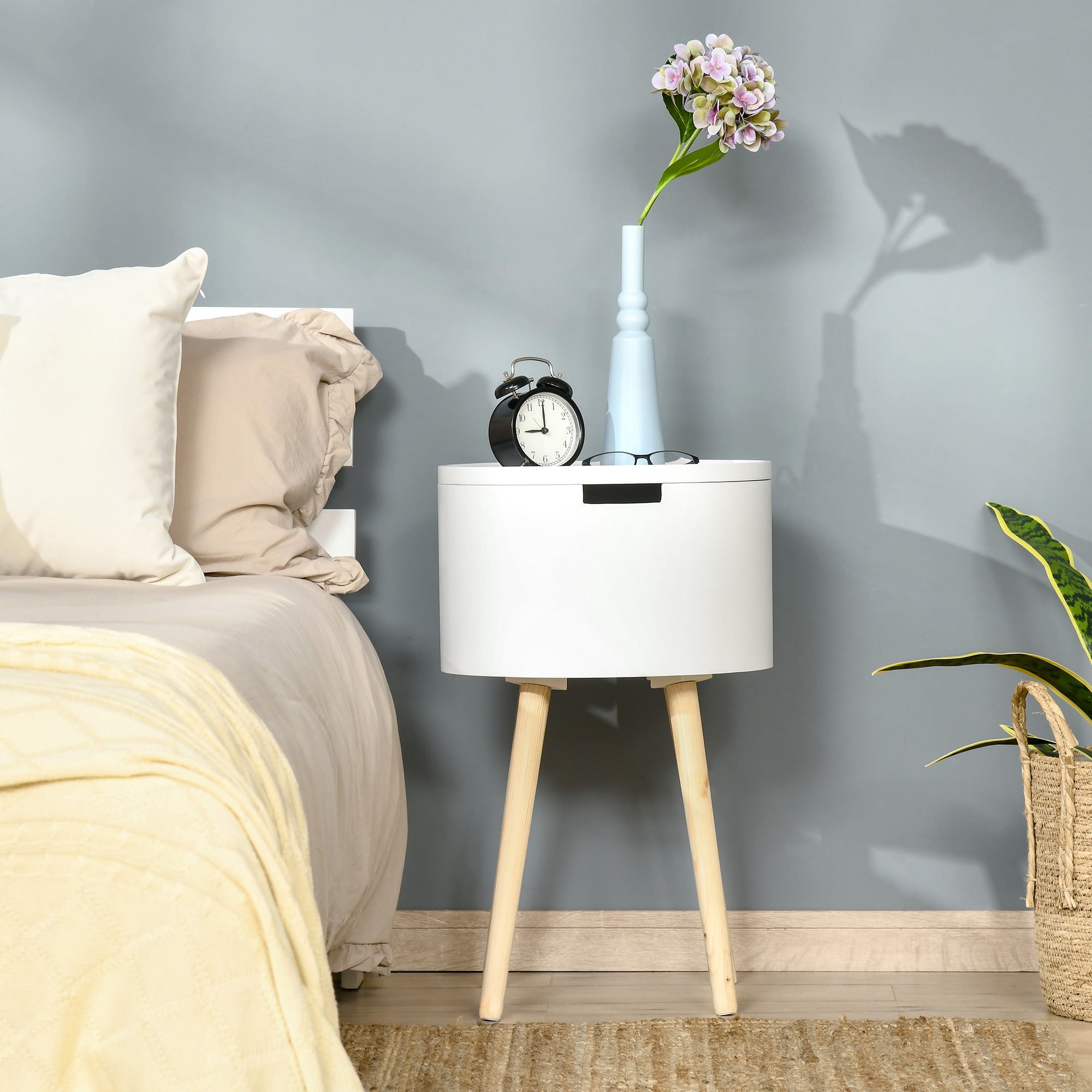 HOMCOM Modern Side Table with Hidden Storage Space, Round Night Stand with Removable Tray Wood Frame End Coffee Table for Living Room, White