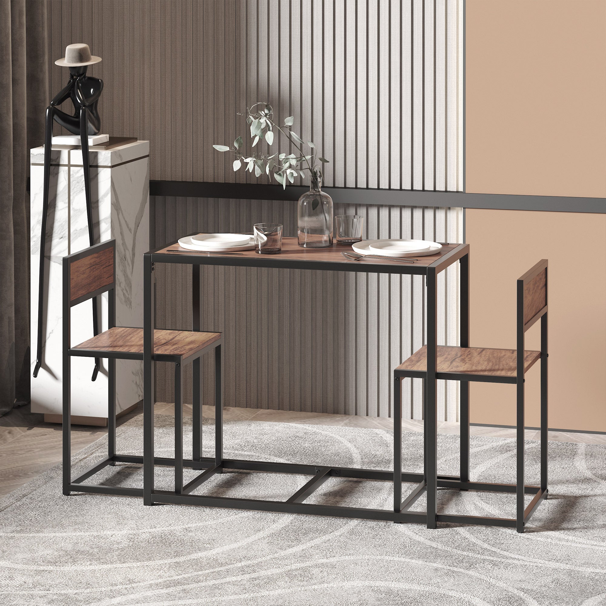 HOMCOM Dining Table and Chairs Set 2, Dining Room Sets, Rectangular Space Saving Table and 2 Chairs for Compact Kitchens, Steel Frame, Natural