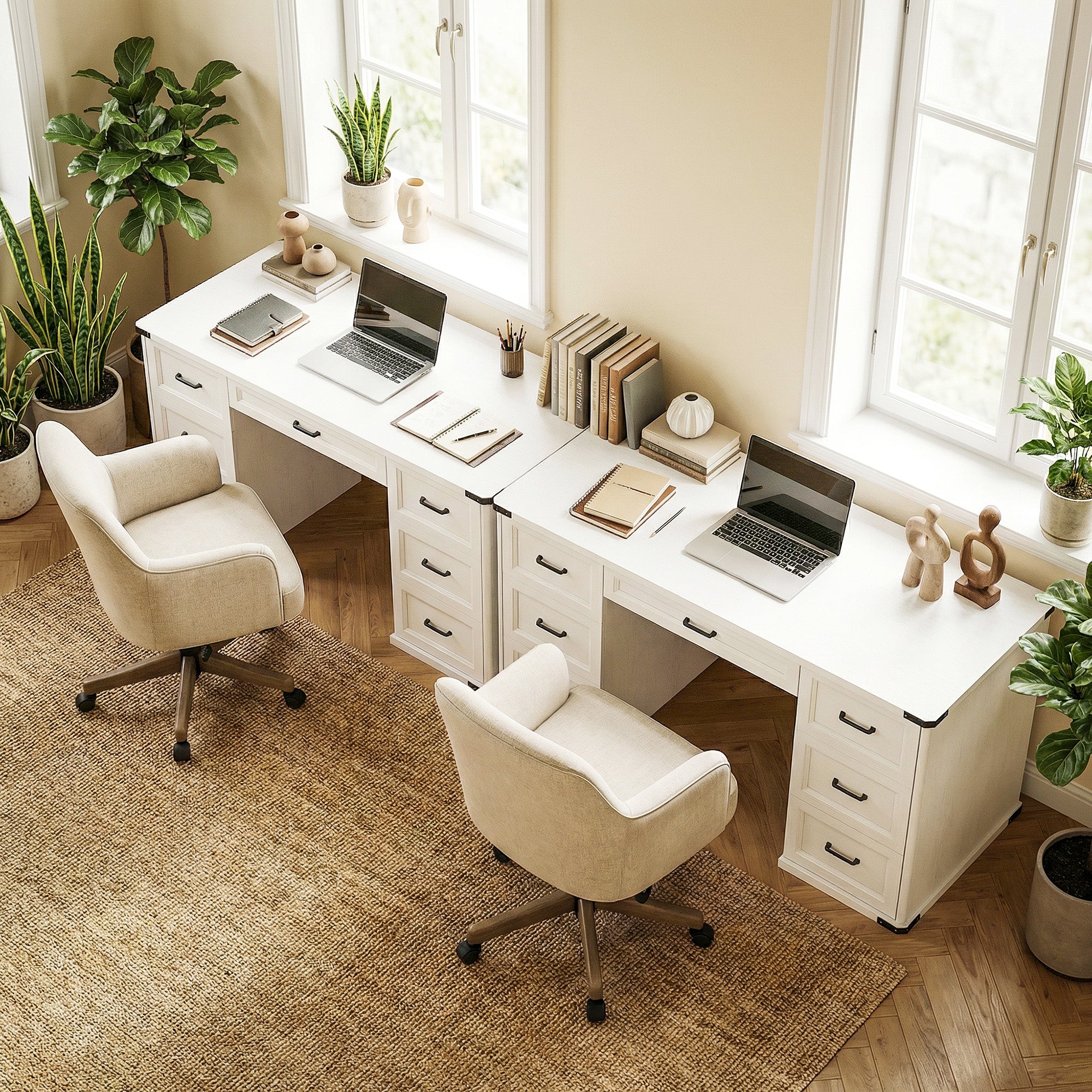 55" Farmhouse Executive Desk, Computer Desk with Drawers, Study Table for Home Office, Bedroom, White Wood Grain