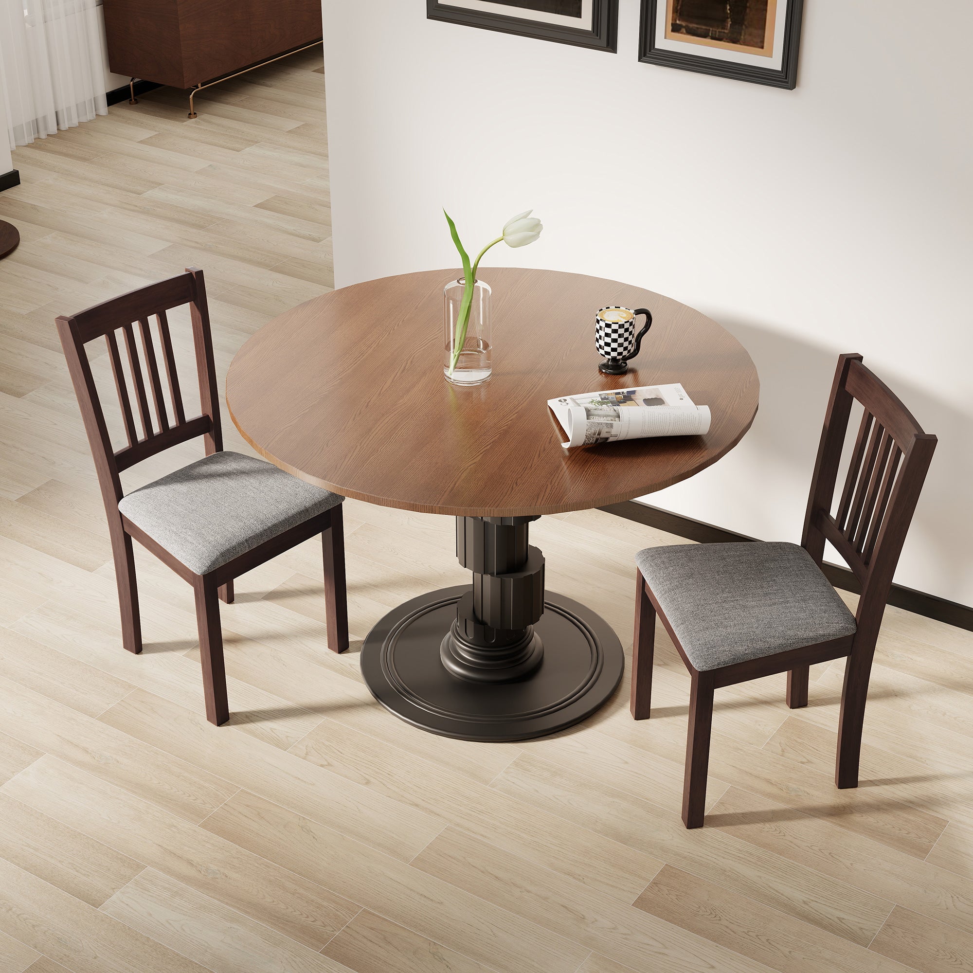 Modern Dining Chairs Set of 2, Linen Fabric Upholstered Kitchen Chairs with Rubberwood Legs for Dining Room, Living Room, Gray and Walnut