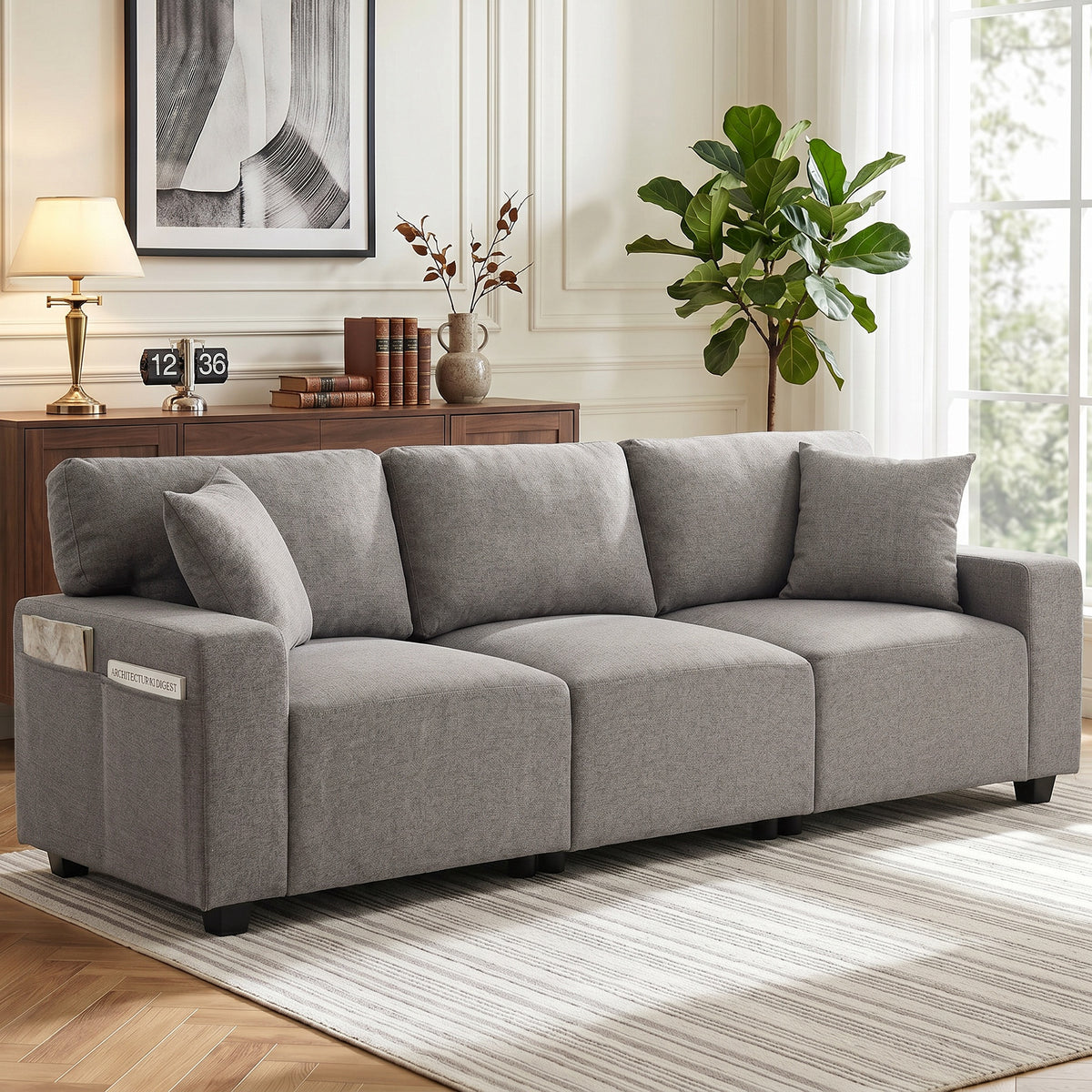 3 Seater Sofa, Linen-Look Fabric Upholstered Small Couch, Modern Sofa Settee with Storage Pockets, Pocket Springs and 2 Pillows for Living Room, Grey
