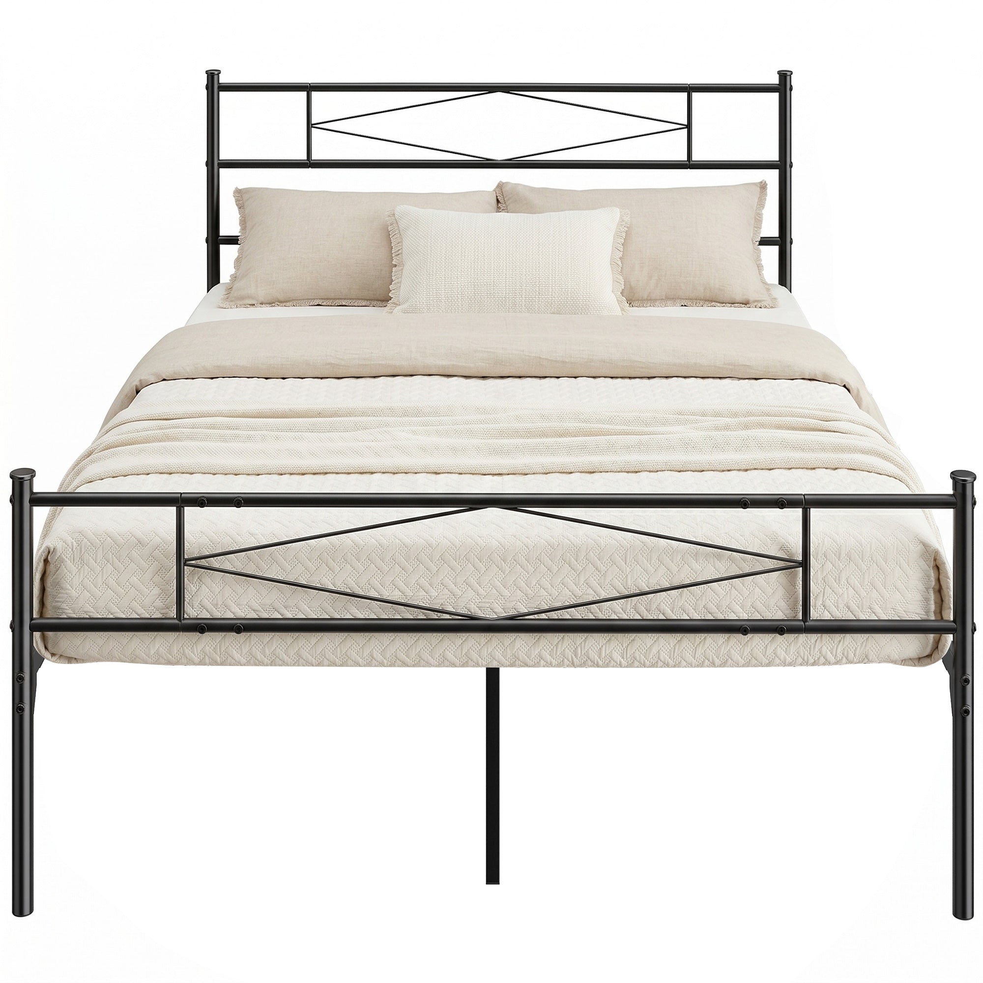 4ft6 Double Bed Frame with Headboard and Footboard, Metal Platform Bed Frame with 32 cm Underbed Storage, Steel Slat Support, Noise-Free, No Box Spring Needed, Easy Assembly, Black