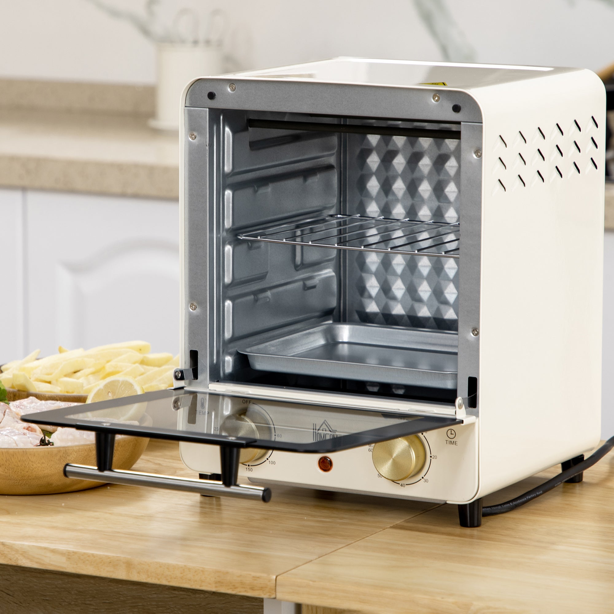 HOMCOM Mini Oven, 15 Litres Electric Oven and Grill with 60-230℃ Adjustable Temperature, 60 Minute Timer, Include Baking Tray, Wire Rack and Crumb Tray, 1000W, Cream White