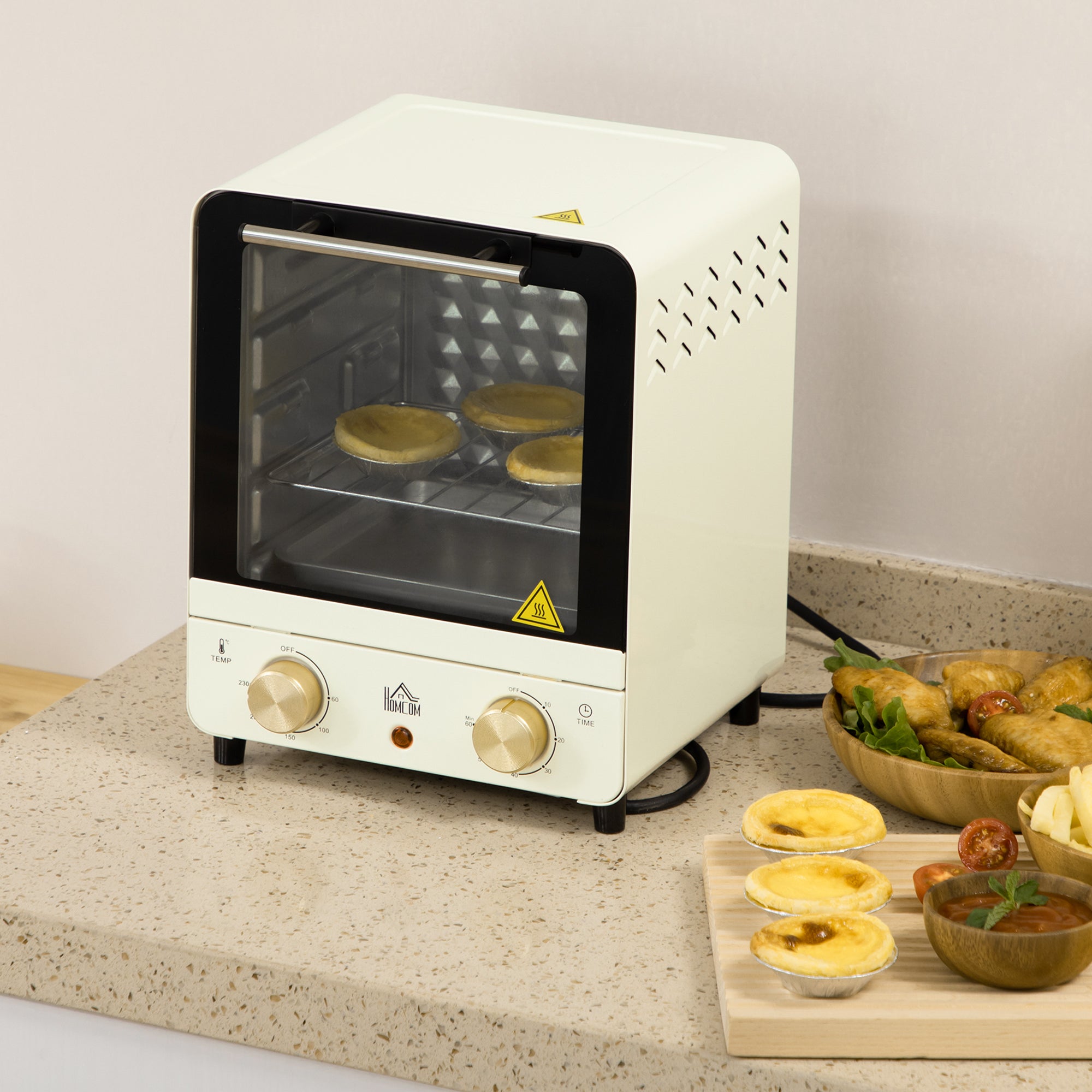 HOMCOM Mini Oven, 15 Litres Electric Oven and Grill with 60-230℃ Adjustable Temperature, 60 Minute Timer, Include Baking Tray, Wire Rack and Crumb Tray, 1000W, Cream White