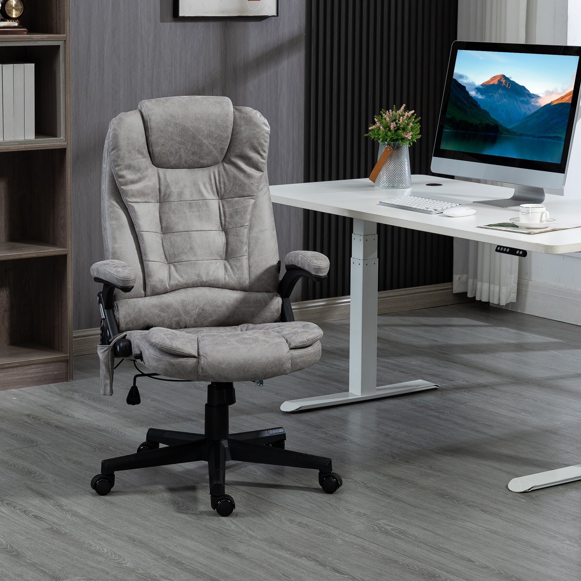 6 Points Heated Massage Office Chair, Microfiber High Back Executive Office Chair, Gray