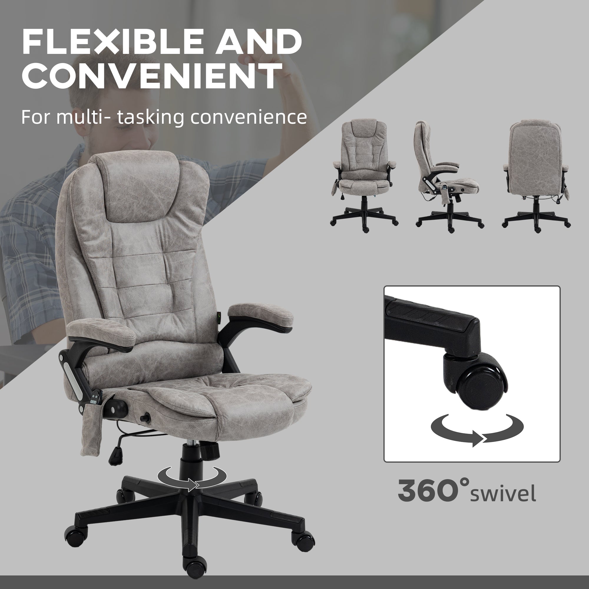 6 Points Heated Massage Office Chair, Microfiber High Back Executive Office Chair, Gray