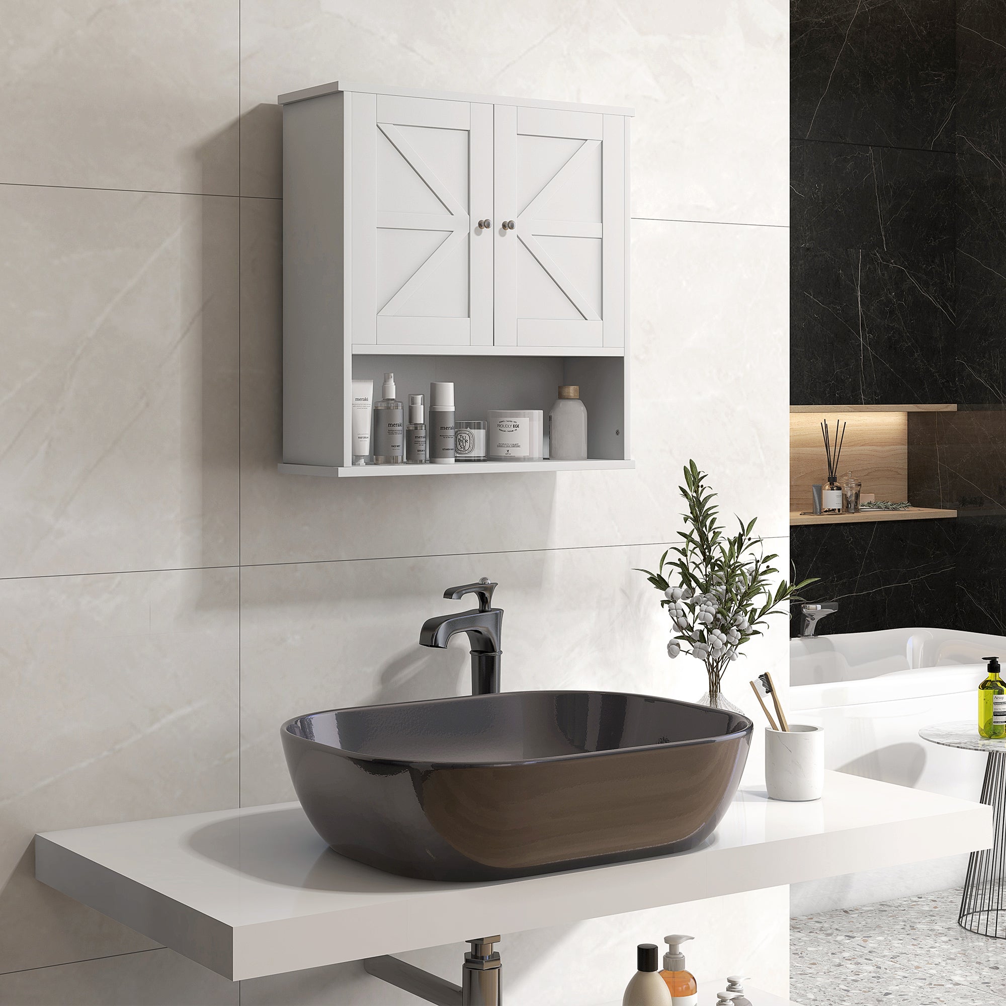 kleankin Farmhouse Bathroom Wall Cabinet, Wall-Mounted Medicine Cabinet with Open Shelf, Adjustable Shelf, and Storage Cabinet for Laundry Room, White