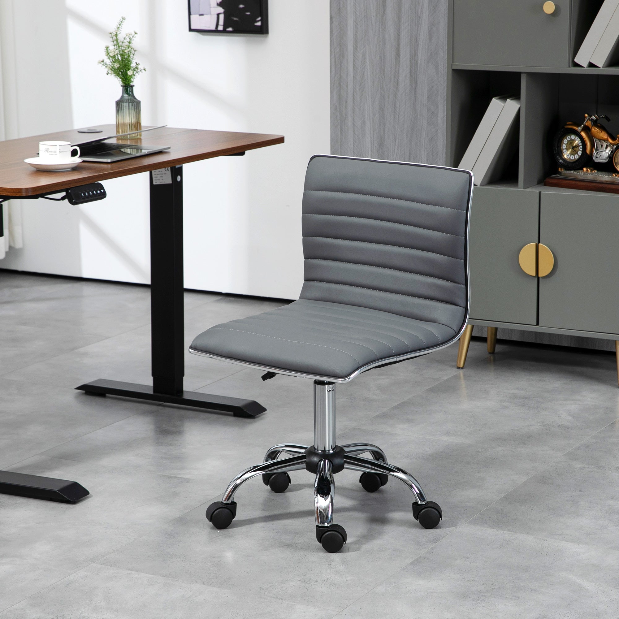 HOMCOM Adjustable Swivel Office Chair with Armless Mid-Back in PU Leather and Chrome Base - Dark Grey