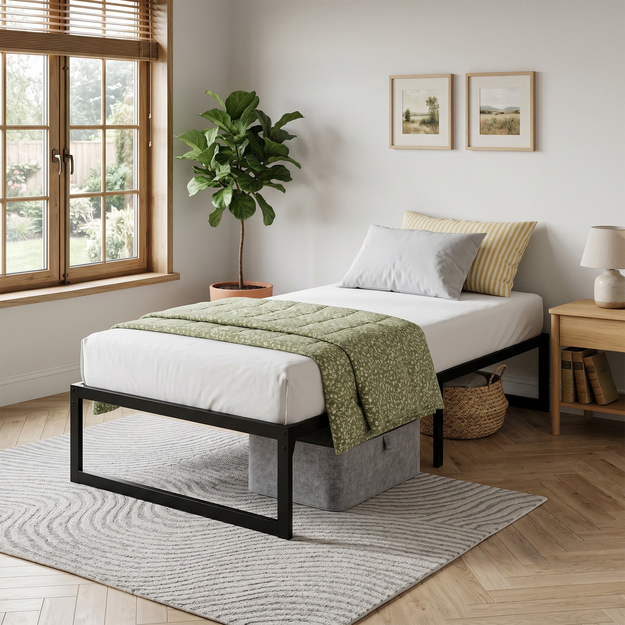 3ft Single Bed Frame with Underbed Storage, 32.5 cm Height, Metal Platform Bed Frame with Steel Slat Support, Noise-Free, Easy Assembly, Black