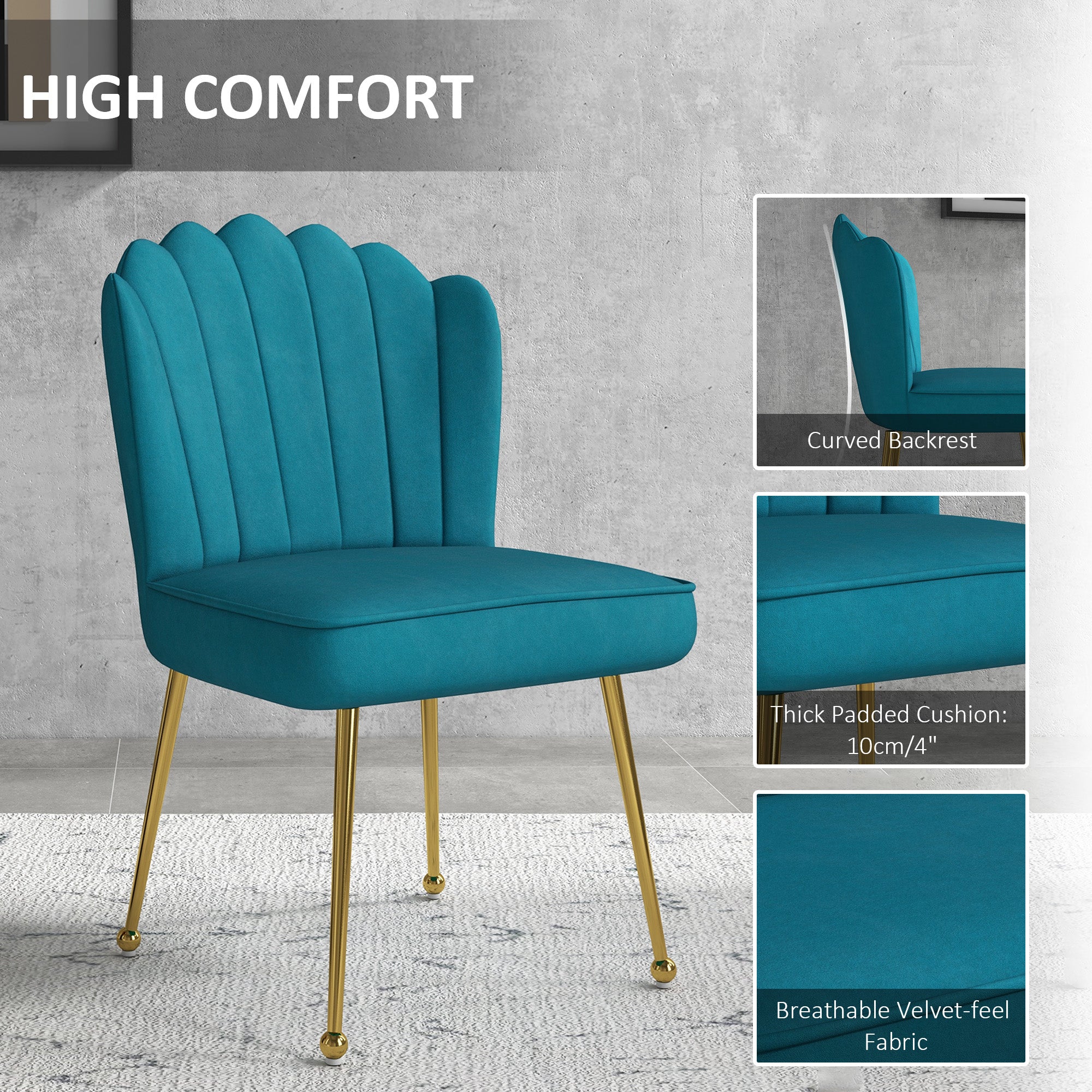 HOMCOM Shell Luxe Velvet Accent Chair with Gold-tone Metal Legs, Modern Vanity Chair for Living Room, Bedroom, Home Office, Blue