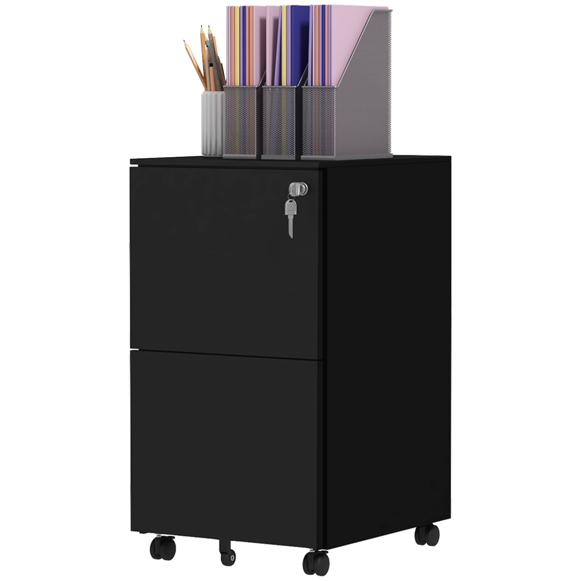 Vinsetto 2-Drawer Vertical Filing Cabinet with Lock and 5 Wheels, Steel Mobile File Cabinet, for A4, Legal and Letter Size, Pre-Assembled Body, Black