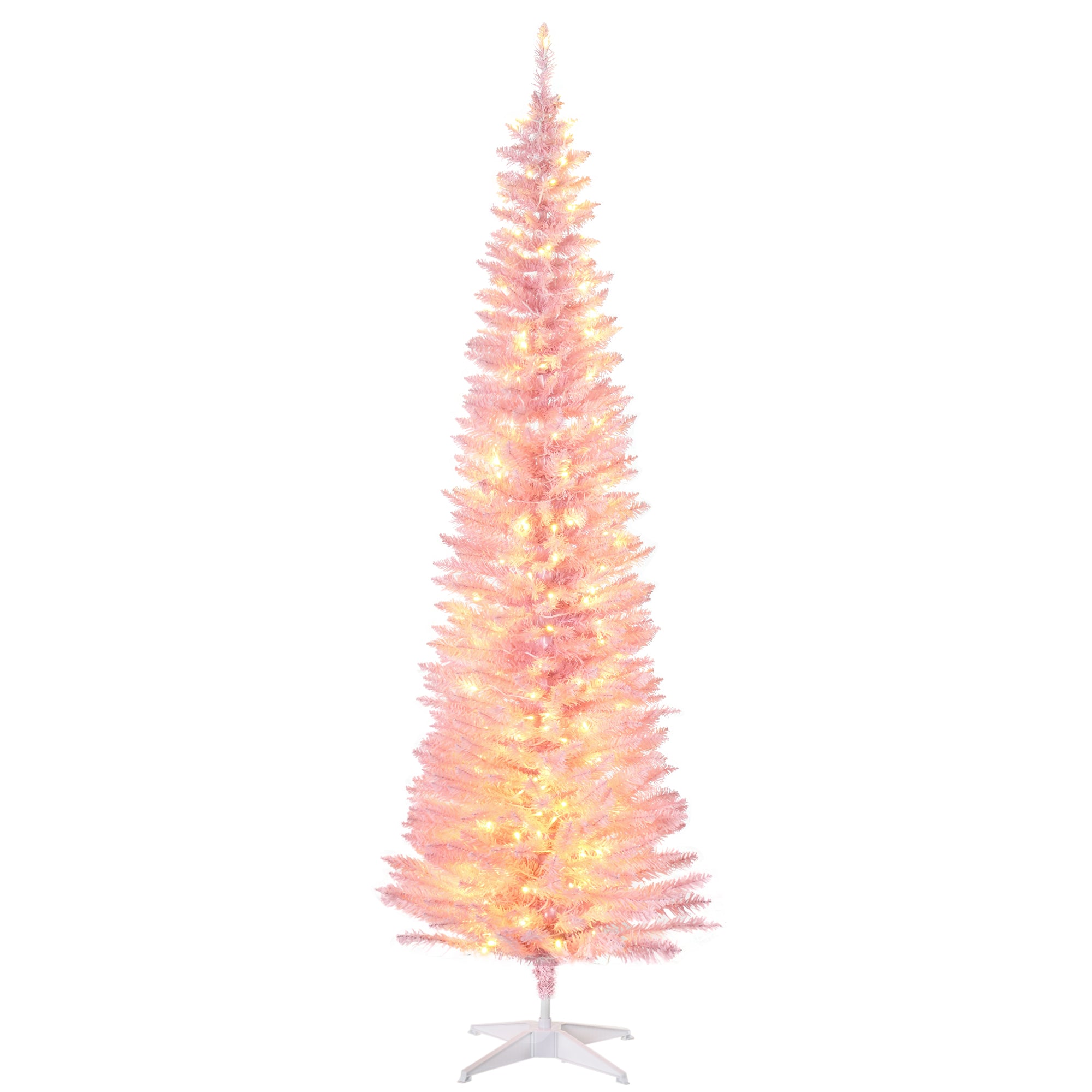 7' Tall Pre-Lit Slim Noble Fir Artificial Pencil Christmas Tree with 200 Warm White LED Lights and 499 Tips, for Christmas Decoration, Pink