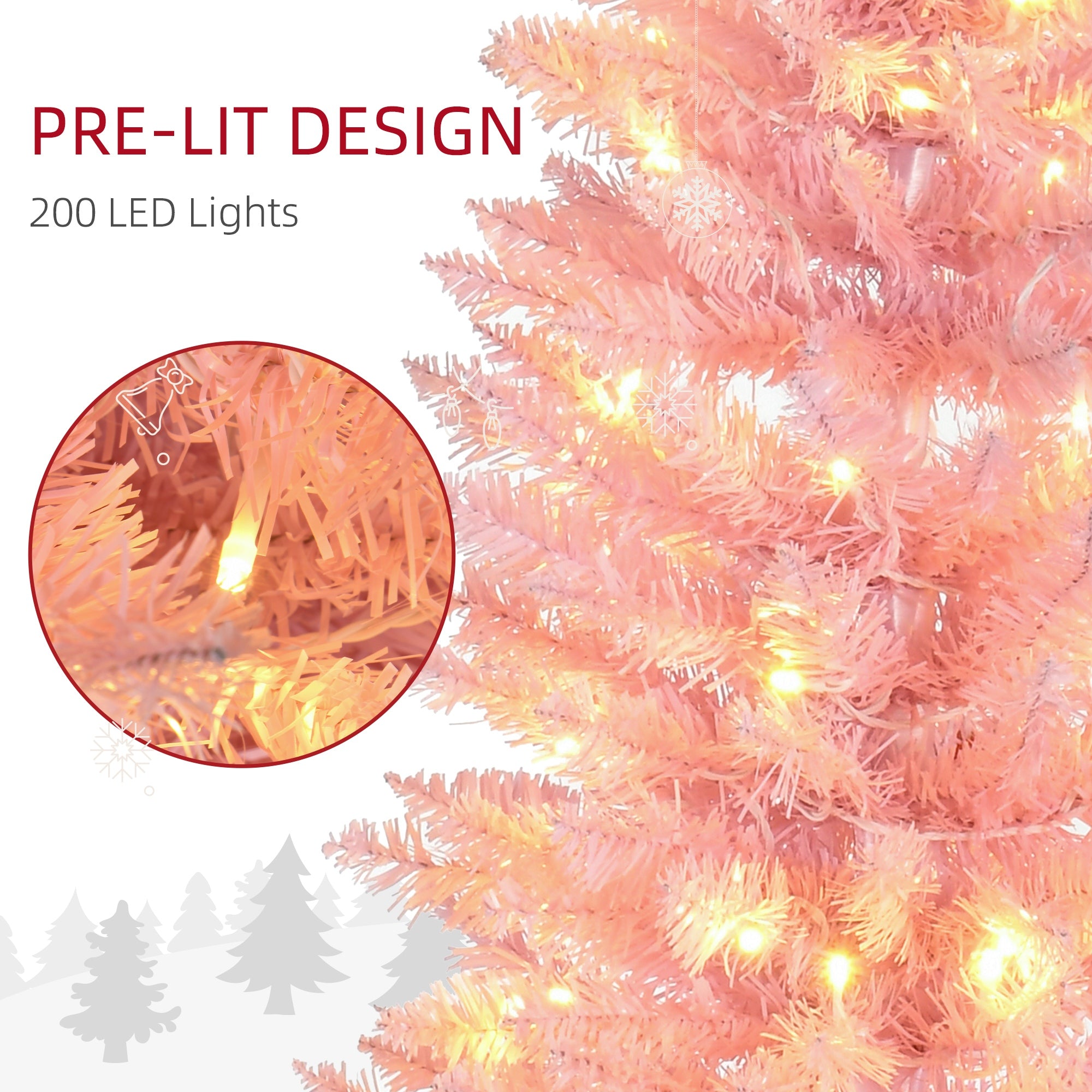 7' Tall Pre-Lit Slim Noble Fir Artificial Pencil Christmas Tree with 200 Warm White LED Lights and 499 Tips, for Christmas Decoration, Pink