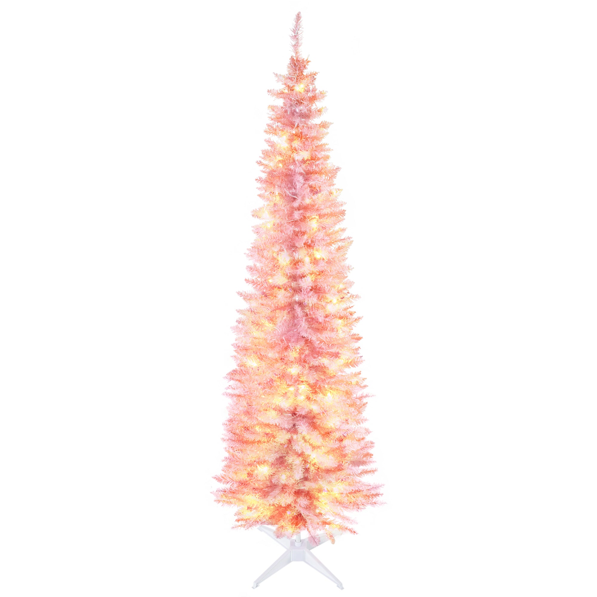 HOMCOM 7 ft Pre-Lit Noble Fir Slim Artificial Christmas Tree with 499 Tips and 200 Warm White LED Lights Pink
