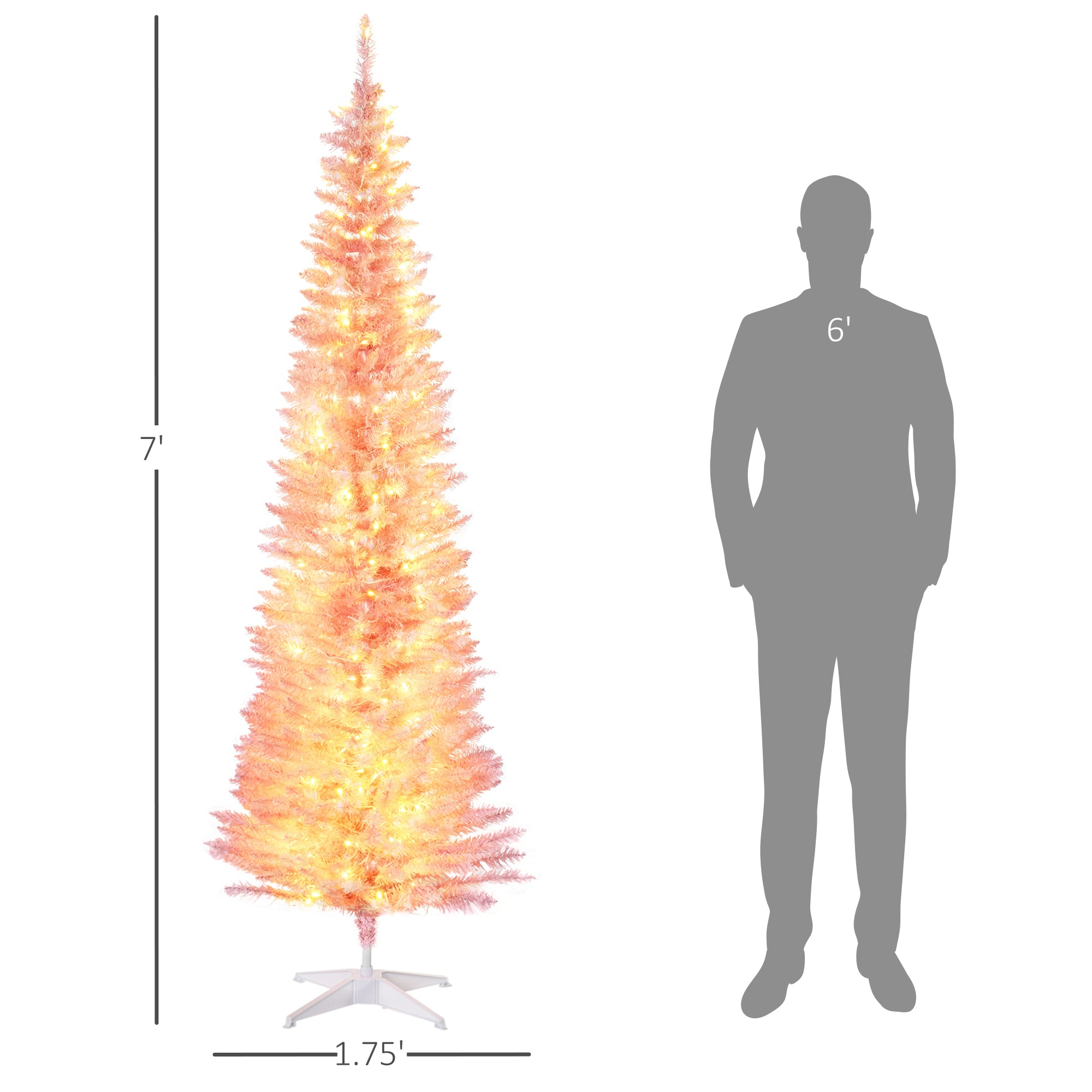 7' Tall Pre-Lit Slim Noble Fir Artificial Pencil Christmas Tree with 200 Warm White LED Lights and 499 Tips, for Christmas Decoration, Pink