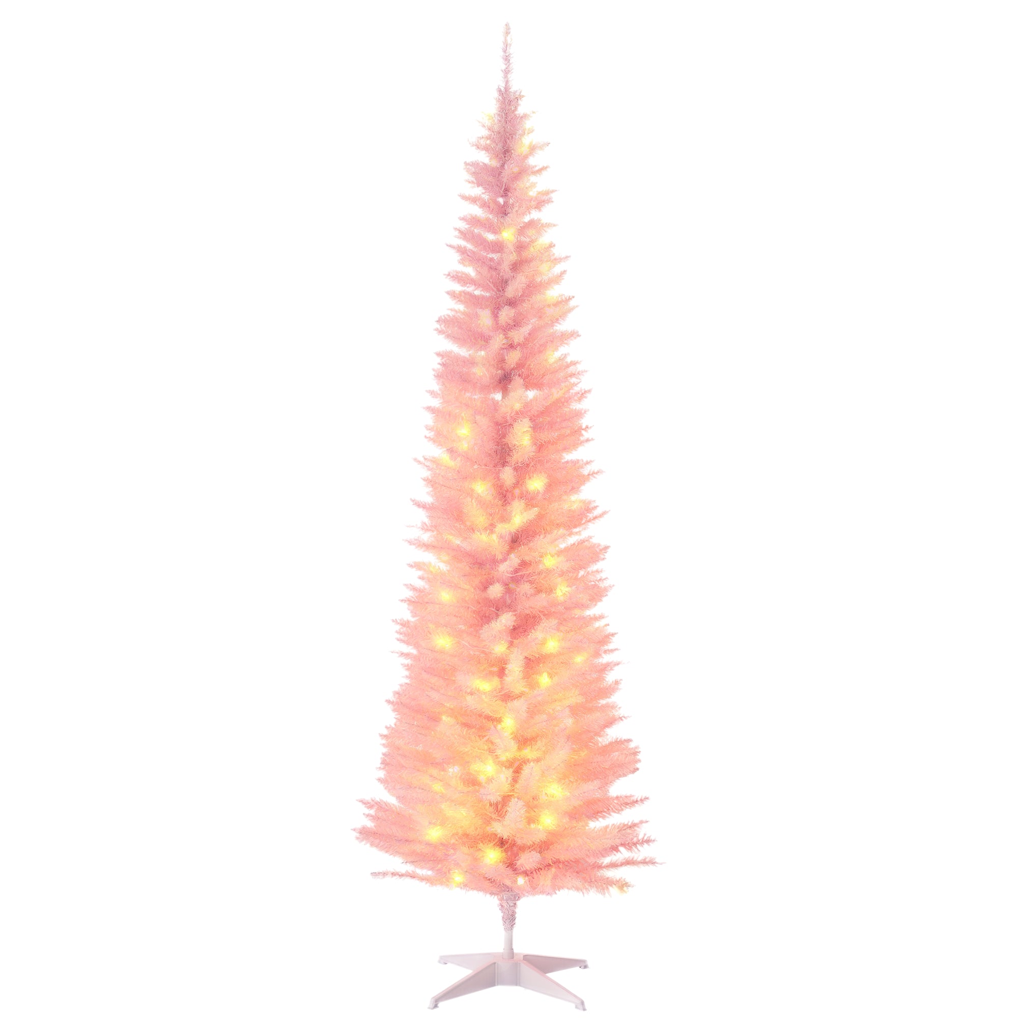 7' Tall Pre-Lit Slim Noble Fir Artificial Pencil Christmas Tree with 200 Warm White LED Lights and 499 Tips, for Christmas Decoration, Pink