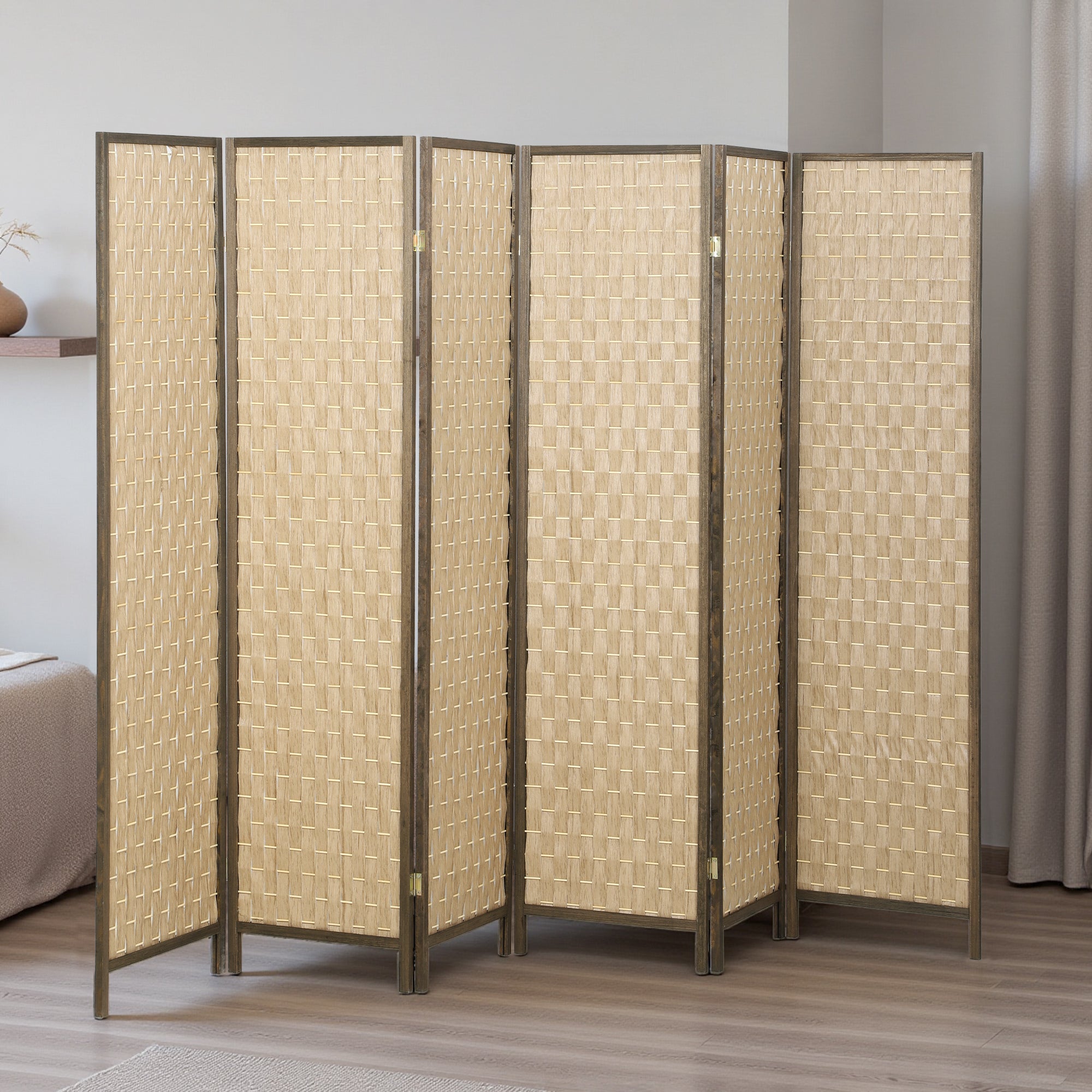 6 Panel Room Divider, 6 FT Lightweight Folding Privacy Screen, Freestanding Handwoven Partition for Living Room Bedroom Office, Brown