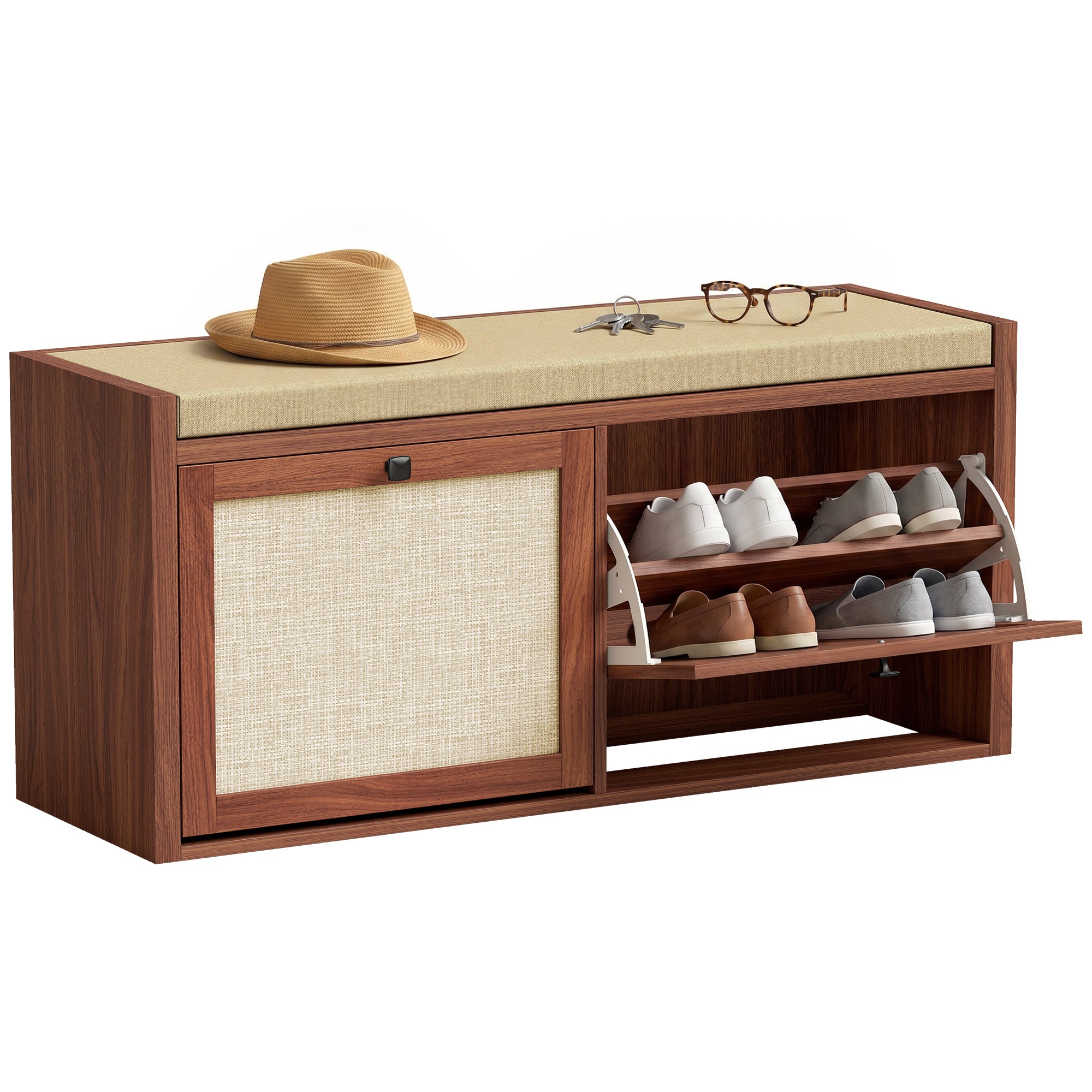 Shoe Bench with 2 Rattan Doors, Shoe Storage Bench with Padded Cushion Seat for Hallway, Living Room, Bedroom, Brown