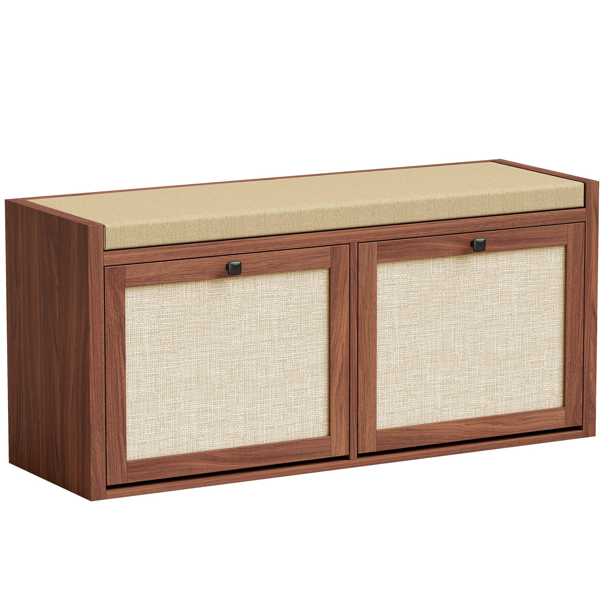 Shoe Bench with 2 Rattan Doors, Shoe Storage Bench with Padded Cushion Seat for Hallway, Living Room, Bedroom, Brown