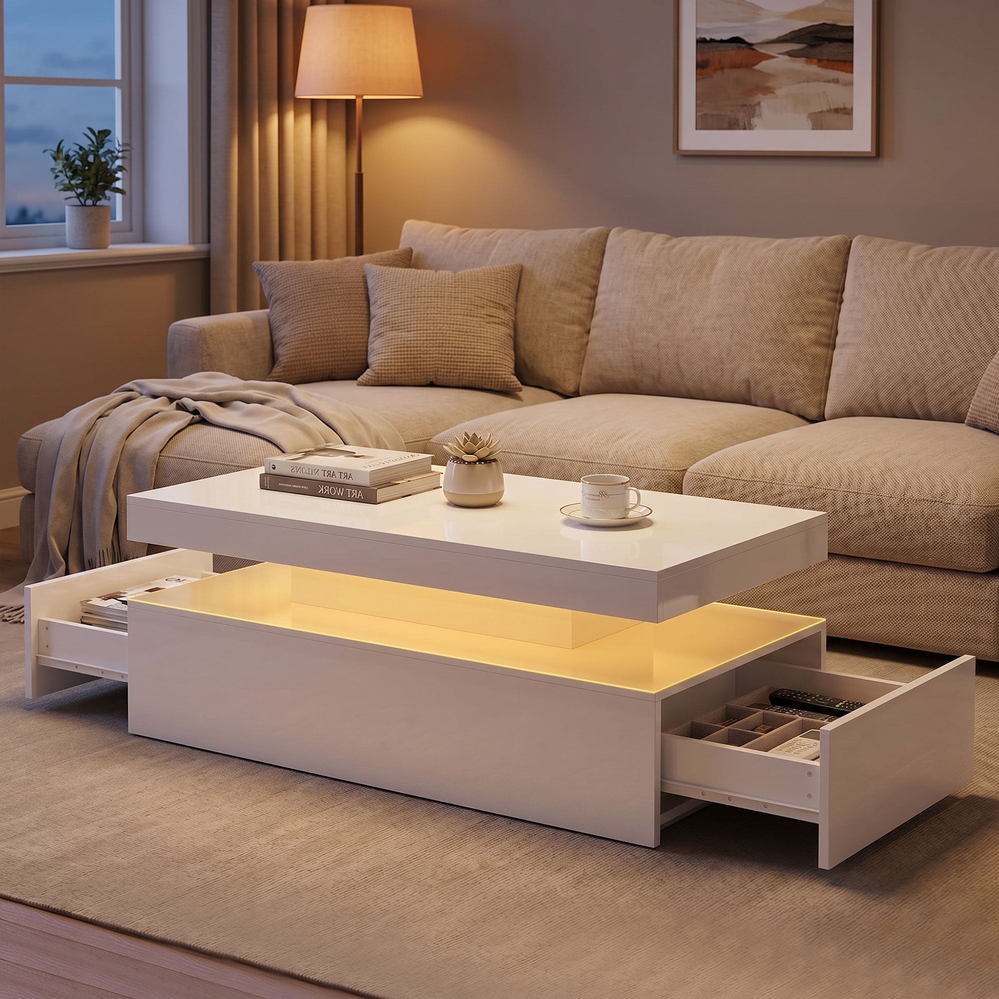 LED Coffee Table with Storage, 2-Tier Modern Rectangular Center Table with 2 Drawers and Open Compartment for Living Room, High Gloss White