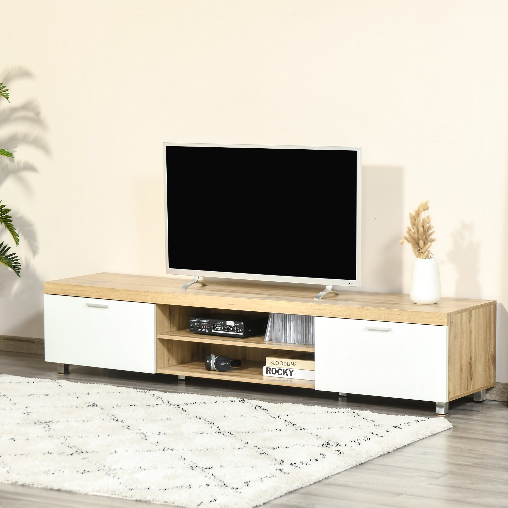 HOMCOM 200cm TV Cabinet for TVs up to 90", Modern TV Unit with Storage and Open Shelves for Living Room and Bedroom, White and Light Brown