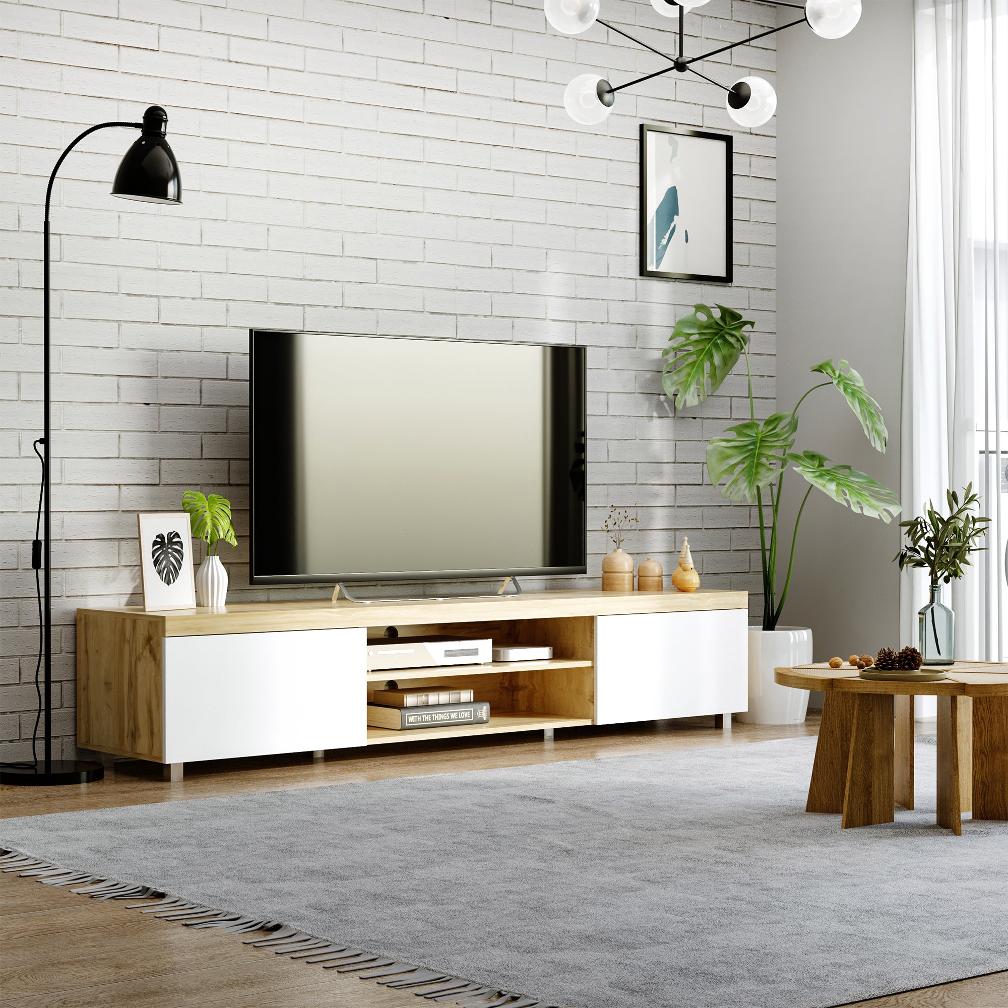 HOMCOM 200cm TV Cabinet for TVs up to 90", Modern TV Unit with Storage and Open Shelves for Living Room and Bedroom, White and Light Brown