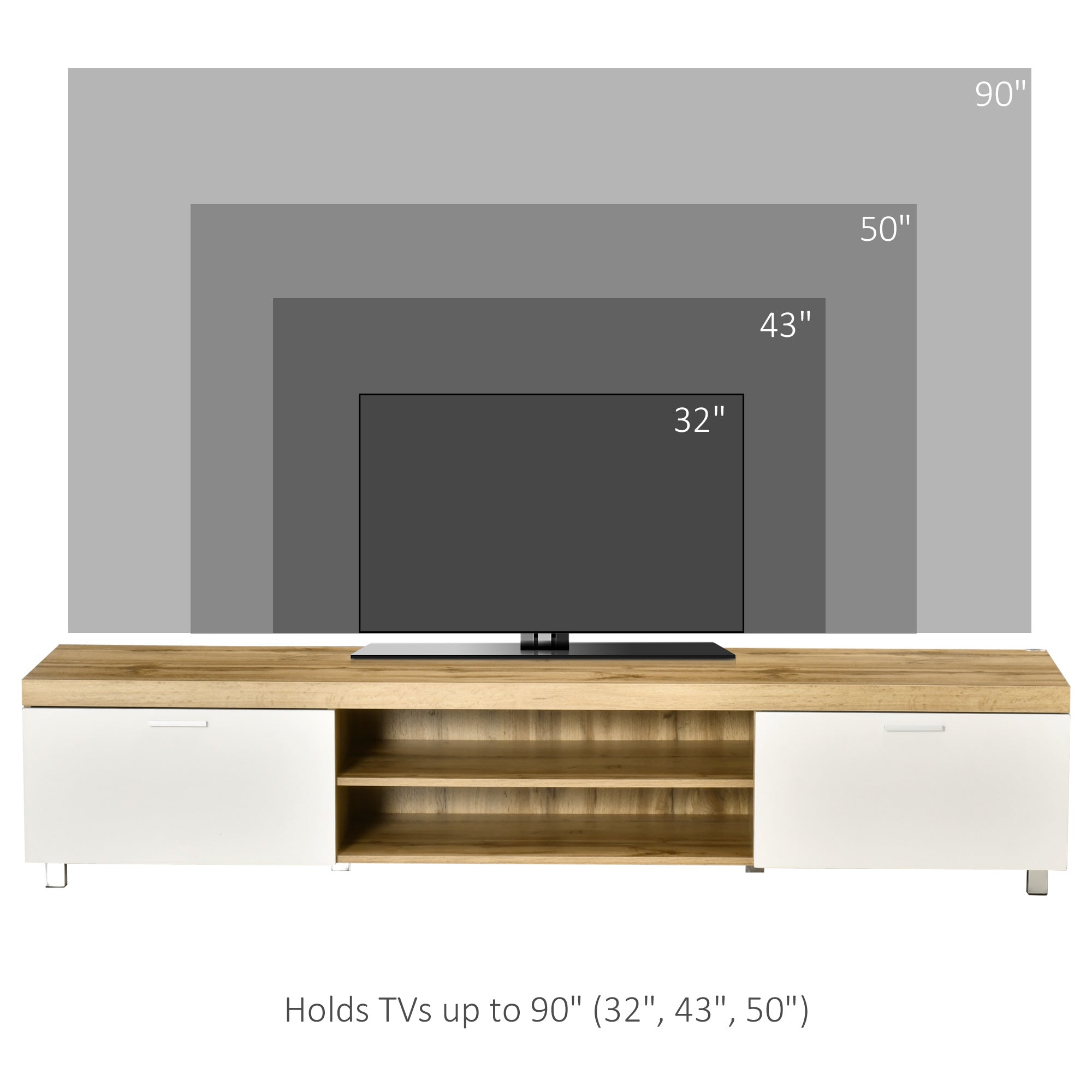 HOMCOM 200cm TV Cabinet for TVs up to 90", Modern TV Unit with Storage and Open Shelves for Living Room and Bedroom, White and Light Brown