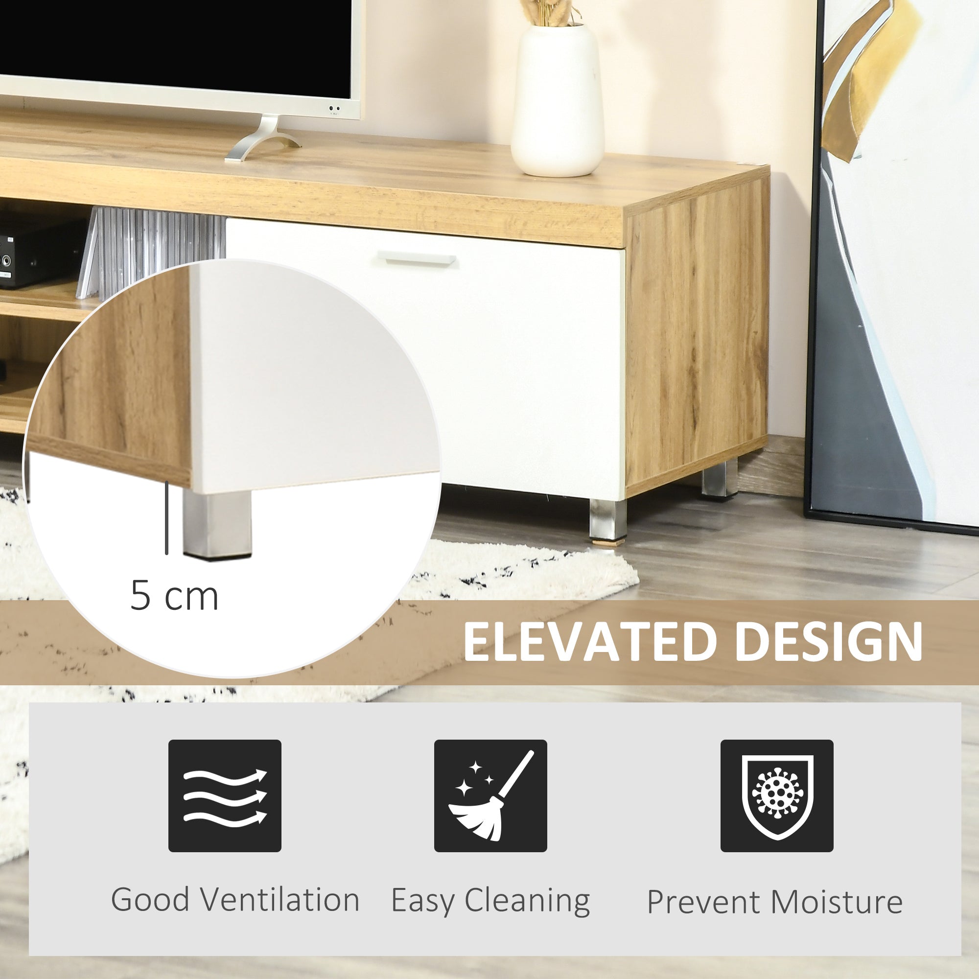 HOMCOM 200cm TV Cabinet for TVs up to 90", Modern TV Unit with Storage and Open Shelves for Living Room and Bedroom, White and Light Brown