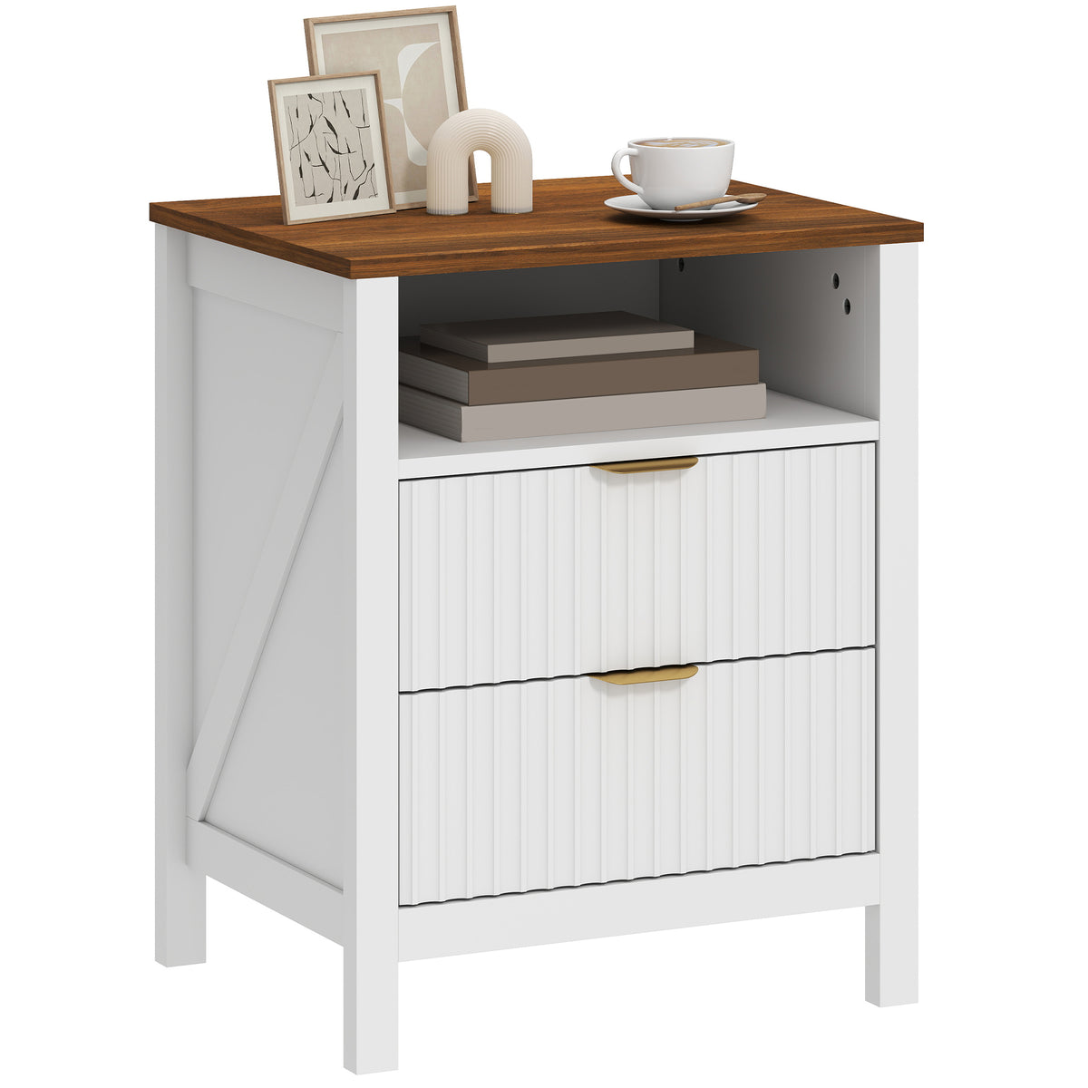 Modern Nightstand with 2 Fluted Drawers, Bedside Table with Open Storage Shelf, Anti-tipping Design, Side End Table for Bedroom Living Room Study, White and Walnut