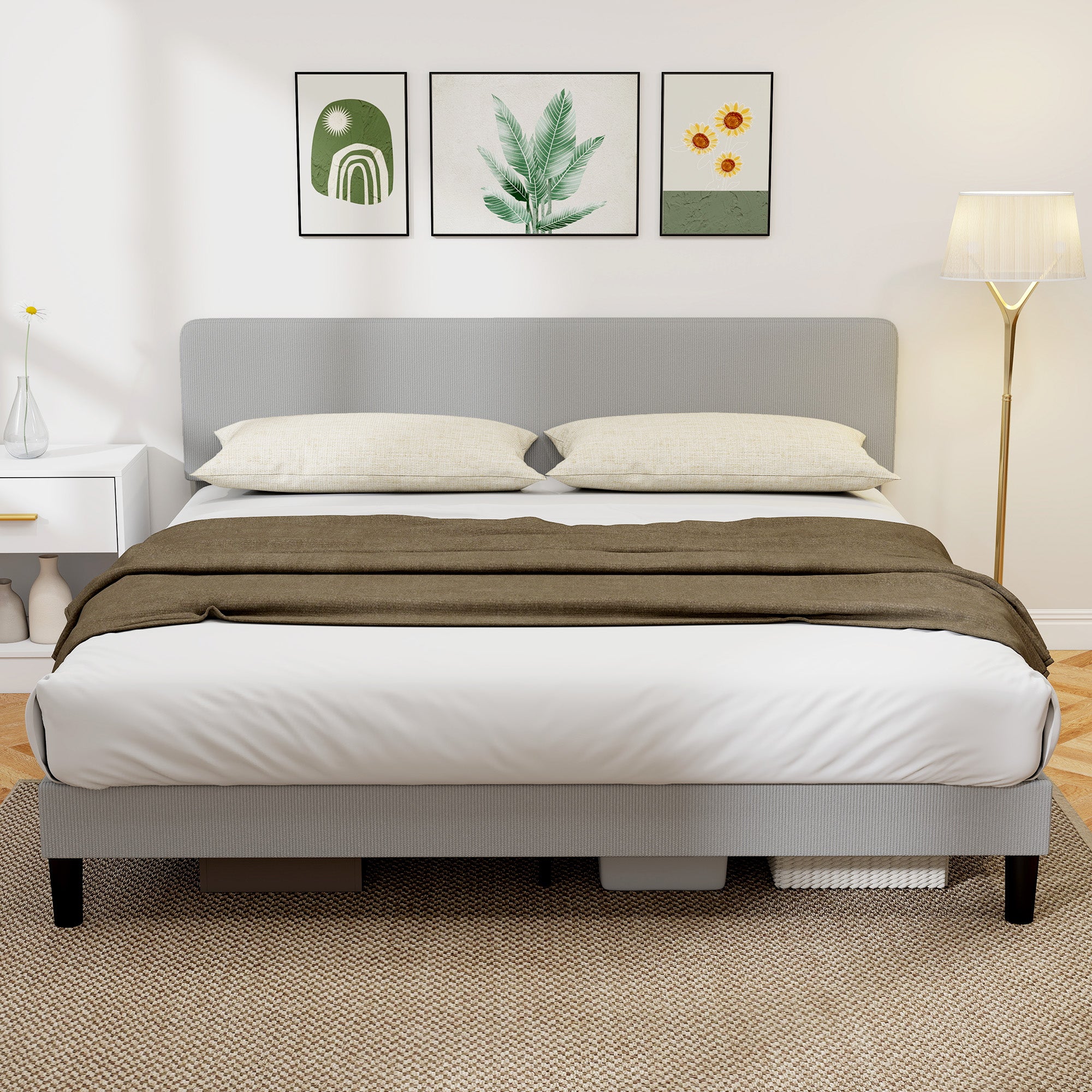 King Bed Frame with Adjustable Headboard, Corduroy Upholstered Platform Bed Frame, Wood Slat Support, Noise Free, No Box Spring Needed, Easy Assembly, Light Grey