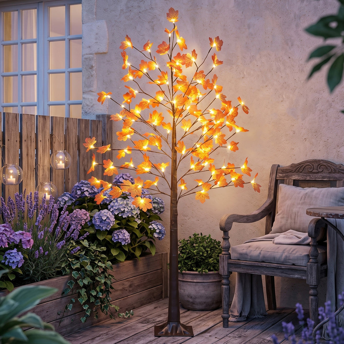 6FT Artificial Lighted Maple Tree with 96 LED Lights, Daily Timer, Fall Decoration with 8 Bendable Branches for Home Indoor Sheltered Outdoor, Thanksgiving Decor
