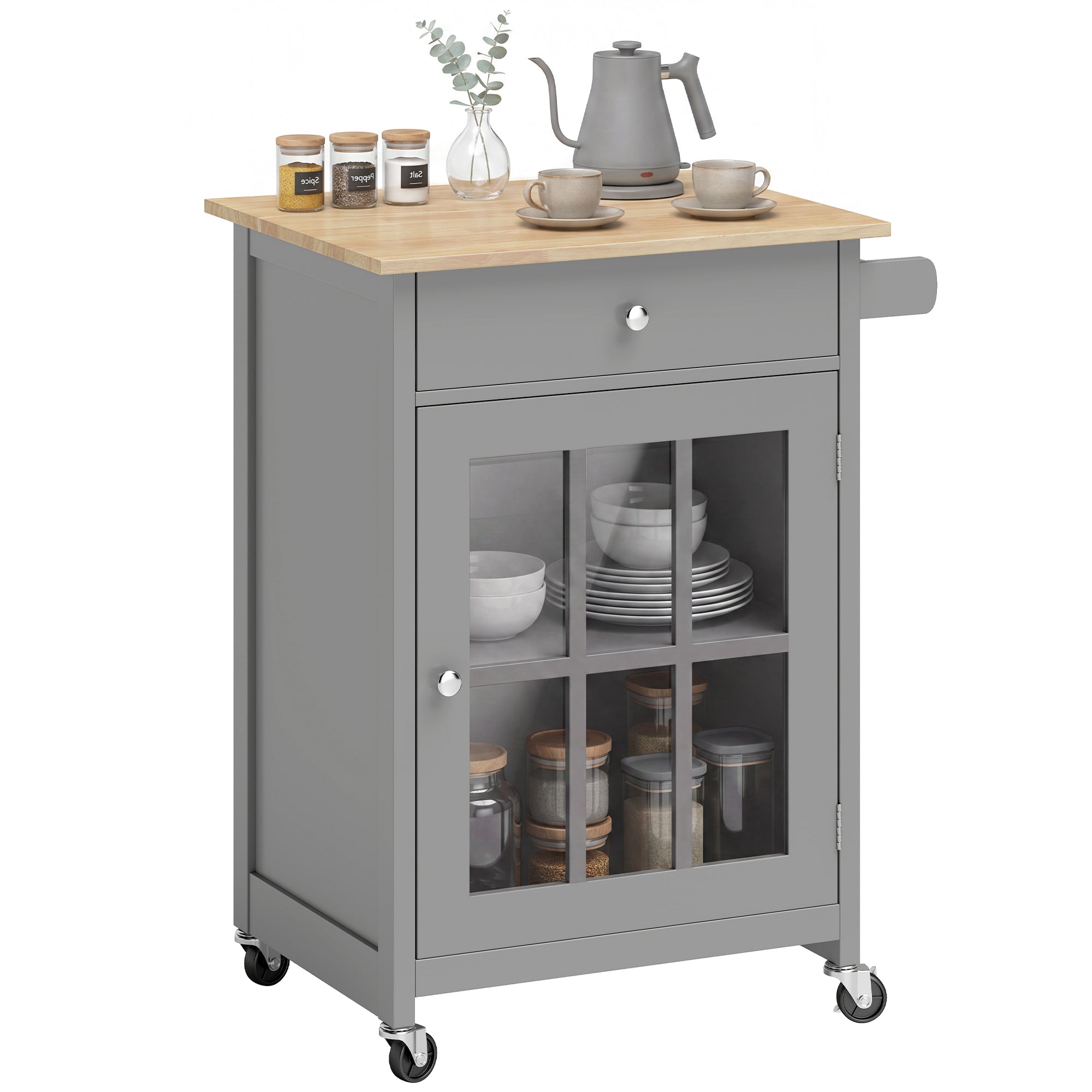 Rolling Kitchen Cart with Drawer and Glass Door Cabinet, Kitchen Island on Wheels with Adjustable Shelf and Towel Rack (Dark Grey)