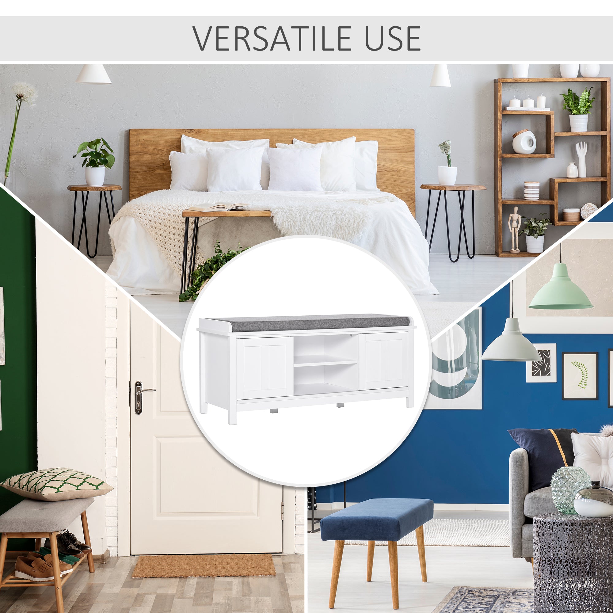 Modern Shoe Storage Bench with Cushion & 2 Sliding Doors, Holds 10 Pairs, White