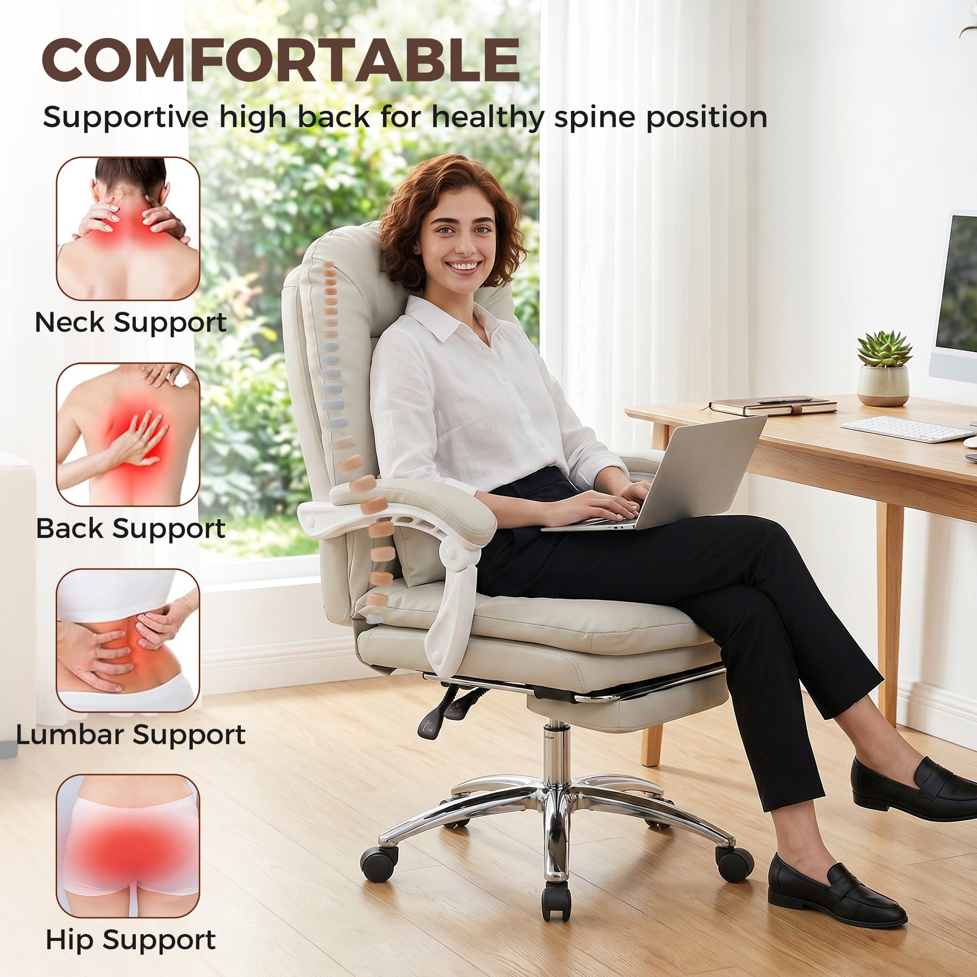 Ergonomic Executive Office Chair, Velvet Reclining Computer Desk Chair with Lumbar Support, Footrest, Plush Thick Cushion, 360° Swivel for Home Office, Khaki