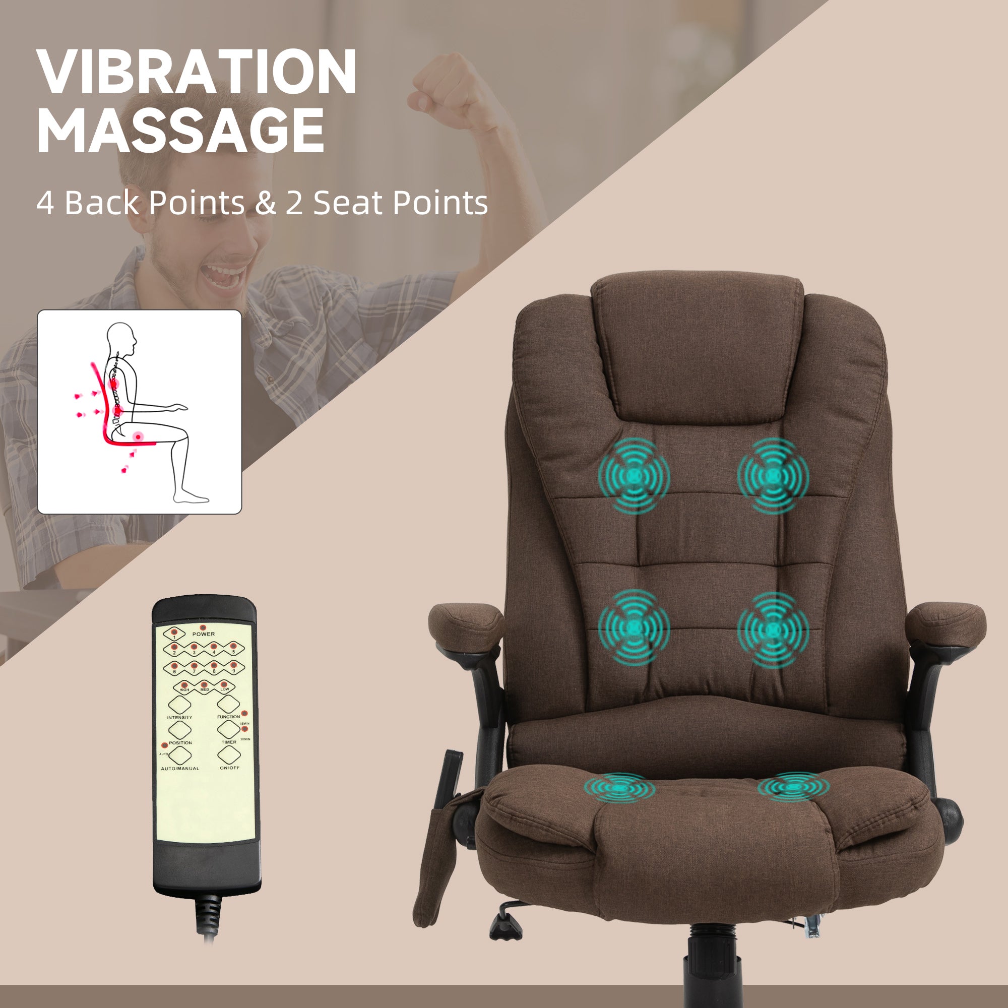 Vinsetto 6 Point Vibrating Massage Home Office Chair High Back Executive Chair with Reclining Back, Swivel Wheels, Brown