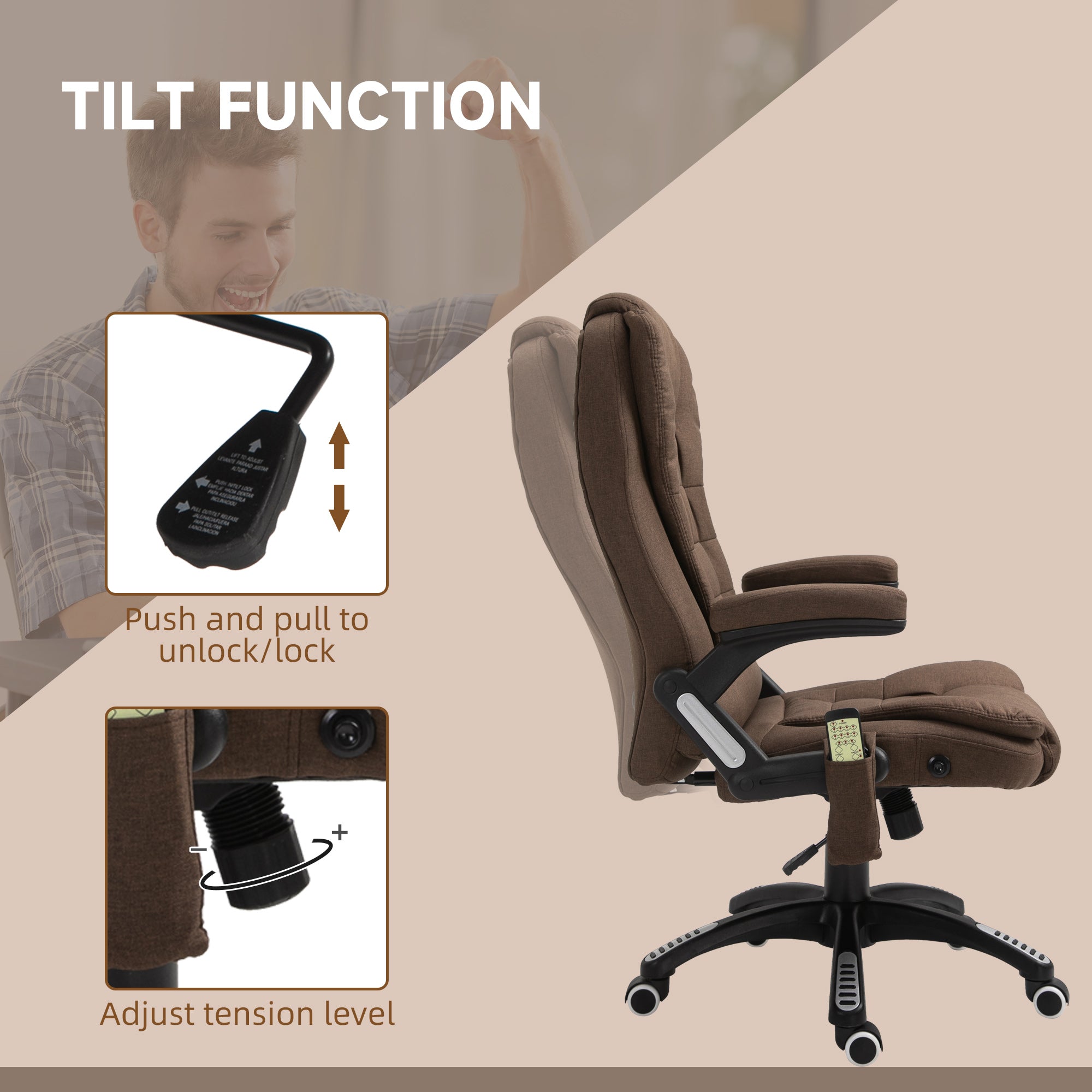 Vinsetto 6 Point Vibrating Massage Home Office Chair High Back Executive Chair with Reclining Back, Swivel Wheels, Brown